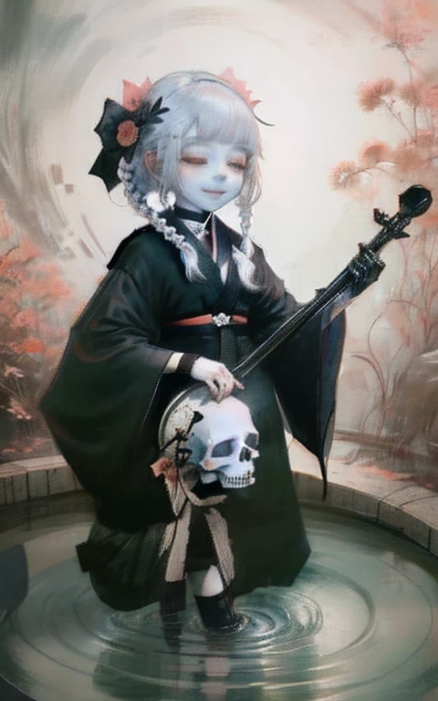 Solitary,1 female\(Red Cliff,Lovely,Kawaii,10 years old,Hair color: white,Braided hair,messy hair,Dark eye color,closed eyes smile,White skin,A big smile,enjoy,whole body,Wearing the black robe of the Grim Reaper,Holding a sickle and a skull,Skip,Flower Hair Accessories,white hair\),background\(Black sky,Withered flowers all over the ground,Thick red water\), rest ,quality\(8K,Extremely detailed CG unit wallpaper, masterpiece,high resolution,top-quality,top-quality real texture skin,Surrealism,提high resolution,RAW photos,Best quality,Very detailed,wallpaper\)scenery 