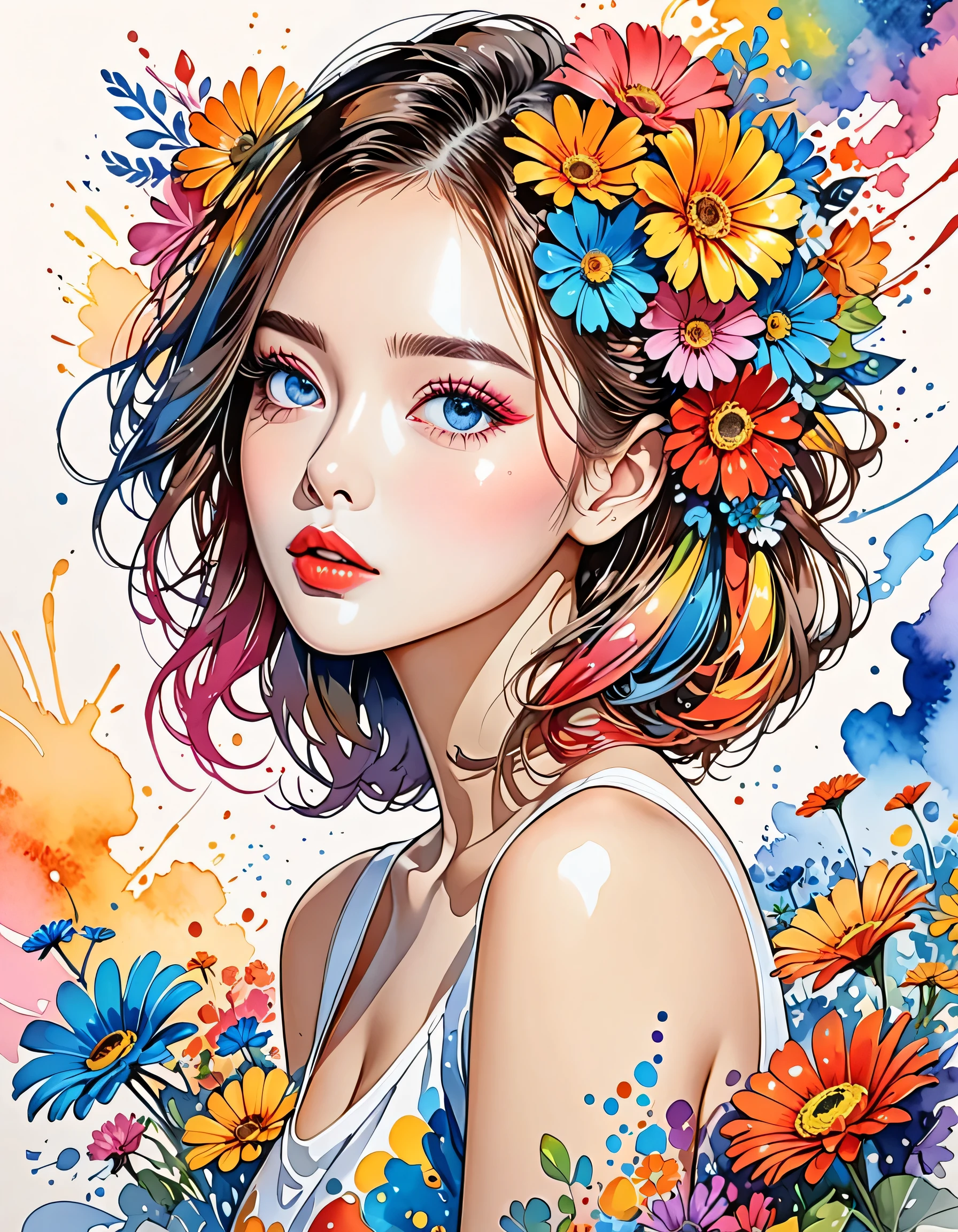 Micho Style、(((stylish fashion))), 8K Quality、Intense watercolor, Detailed watercolor art, Watercolor splash, Surreal, avant-garde pop art, Beautiful and expressive paintings, Beautiful artwork illustration, Very colorful tones, wonderful, Cool beauty, highest quality、Official Art, Vector art, Stylish design, (((The most beautiful girl))), (((highest quality))), HDR, ((detailed)), (((Doodle Art)), ((masterpiece)), ((Super detailed)), (((Colorful flowers))),(((Stylish))),