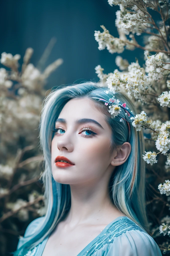 ( masterpiece, top quality, best quality,8k,17 years old girl,ultra detailed,raw photo:1.5),(photorealistic:1.4), (cinematic lighting), PerfectNwsjMajic, , Surrealism, UHD, ccurate, Super detail, textured skin, High detail, Best quality, dynamic angle, White skin,[Beautiful blue eyes], high nose,[flat chest:large breasts:0.5],(1girl),((good anatomy:0.5)),(covered in flowers:1.4), night sky, joint, interested in, fire and ice, (The image is divided into two，Available in a variety of colors:2), eyes blues, sapphire, liquid metal, night sky, (Look at an angle:1.3), (fire and ice), ((Lower chrome)), (hairpin:1.4), (forest:1.3), (fog: 1.3),  Subtle colors and tones, mystical aura ,dreamy atmosphere,expressive brush strokes, mystical ambiance, Artistic interpretation,Wonderland, blue glowing flowers tone, upper body, long hair,(blue streaked hair,white hair), river,water