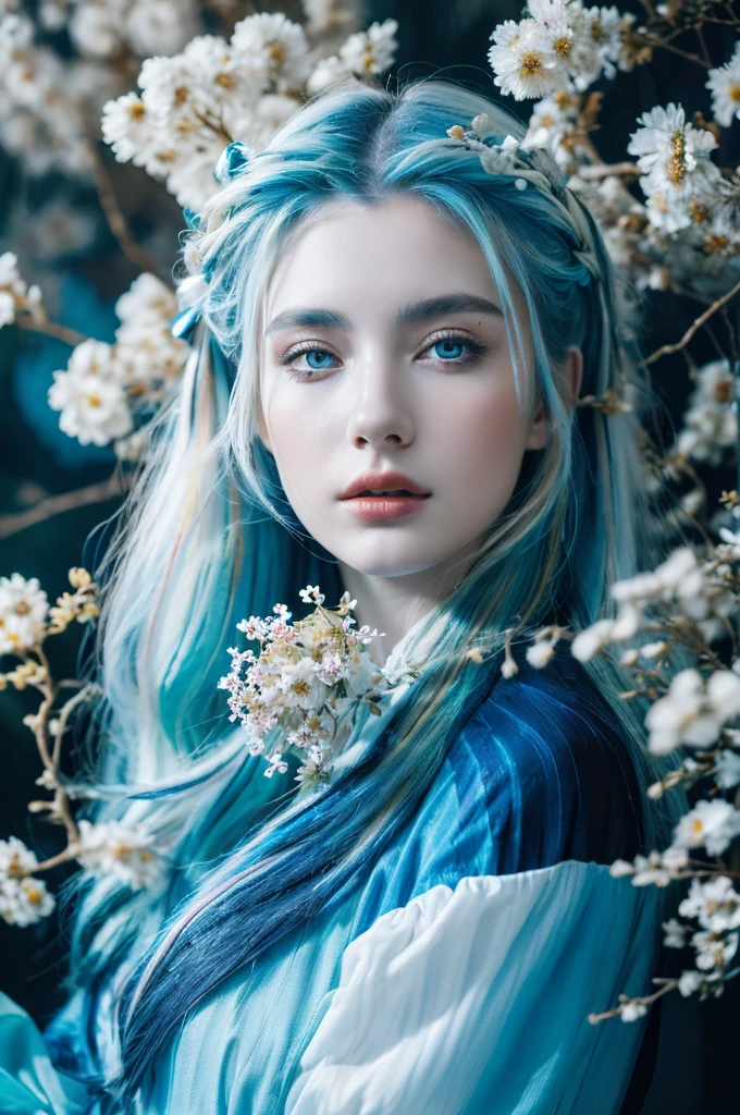 ( masterpiece, top quality, best quality,8k,17 years old girl,ultra detailed,raw photo:1.5),(photorealistic:1.4), (cinematic lighting), PerfectNwsjMajic, , Surrealism, UHD, ccurate, Super detail, textured skin, High detail, Best quality, dynamic angle, White skin,[Beautiful blue eyes], high nose,[flat chest:large breasts:0.5],(1girl),((good anatomy:0.5)),(covered in flowers:1.4), night sky, joint, interested in, fire and ice, (The image is divided into two，Available in a variety of colors:2), eyes blues, sapphire, liquid metal, night sky, (Look at an angle:1.3), (fire and ice), ((Lower chrome)), (hairpin:1.4), (forest:1.3), (fog: 1.3),  Subtle colors and tones, mystical aura ,dreamy atmosphere,expressive brush strokes, mystical ambiance, Artistic interpretation,Wonderland, blue glowing flowers tone, upper body, long hair,(blue streaked hair,white hair), river,water