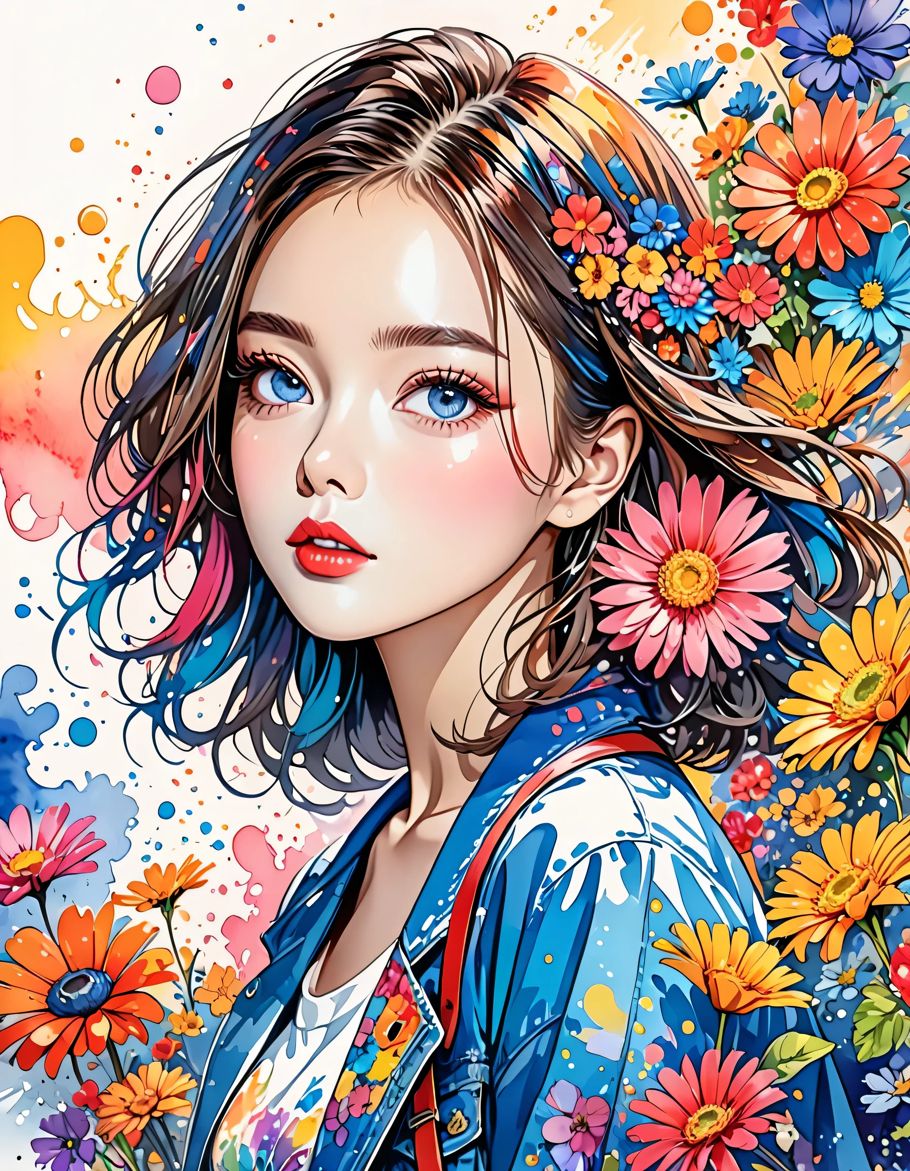 Micho Style、(((stylish fashion))), 8K Quality、Intense watercolor, Detailed watercolor art, Watercolor splash, Surreal, avant-garde pop art, Beautiful and expressive paintings, Beautiful artwork illustration, Very colorful tones, wonderful, Cool beauty, highest quality、Official Art, Vector art, Stylish design, (((The most beautiful girl))), (((highest quality))), HDR, ((detailed)), (((Doodle Art)), ((masterpiece)), ((Super detailed)), (((Colorful flowers))),(((Stylish))),