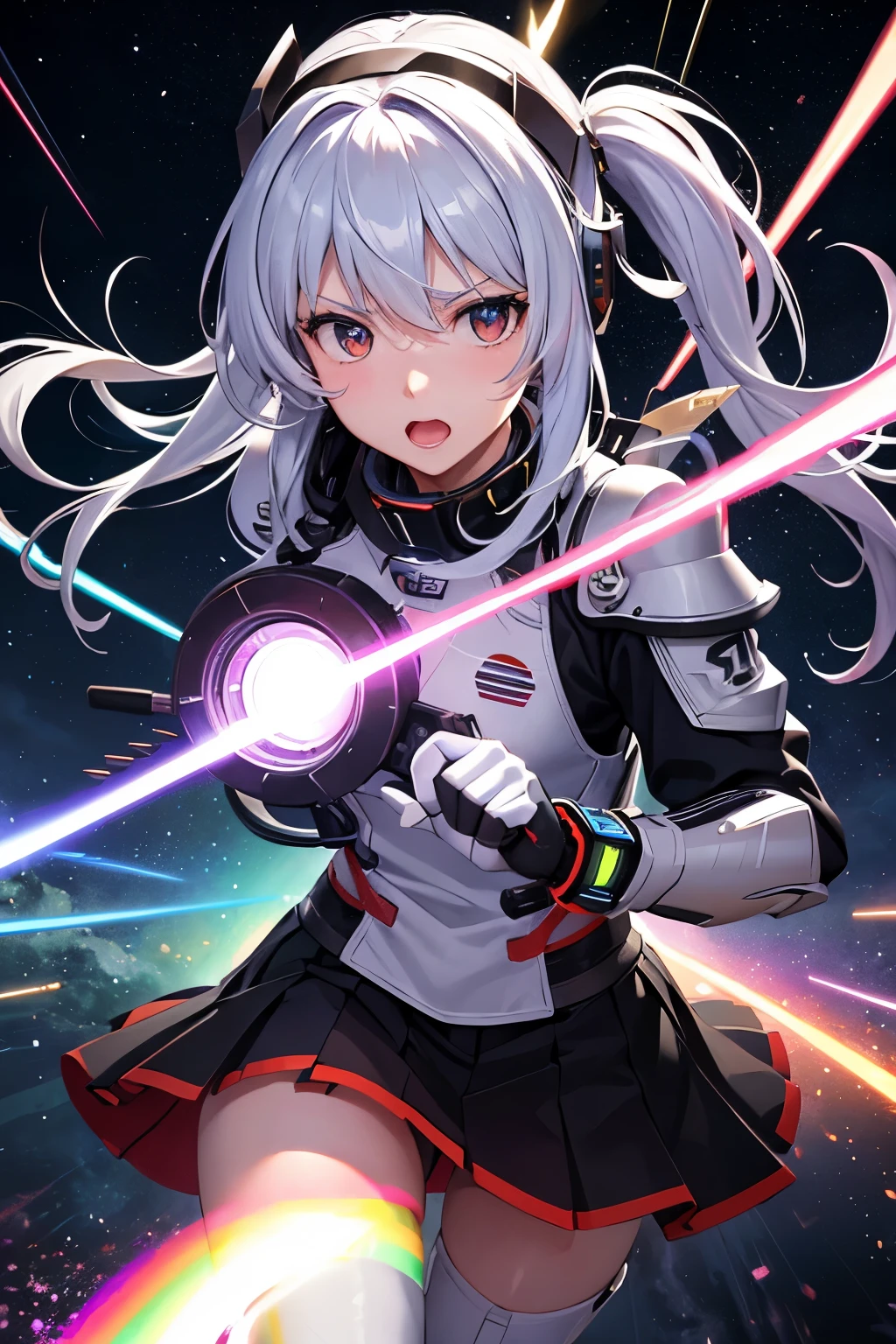 (((highest quality、first-clasasterpiece、Normal body、8k、Detailed face、Ultra-precision、Normal hand、Normal finger、5Finger、)))Brightly colored hair、Rainbow silver hair、Rainbow Mechanical Angel、Large rainbow mechanical wings、Large booster、Large rainbow thruster、Visor Helmet、Armor Skirt、Thought-guided remote-controlled weapon、Funnel、Bit Weapon、Full Armor、Beam rifle、Rainbow Beam、Running through space、Full boost、Beam Sword、Fighting space monsters、Variable Beam Launcher、multi missile、Mega Beam Cannon、In combat、Dogfight、High Maneuver、Space War、fleet battle、Destroy enemy ships、High mega particle cannon firing、ultimate weapon、Multi-warhead missiles、Full burst、All-at-once sweep、Breaking the Limits、critical point breakthrough、Charged particle cannon、Meteors、Buster Rifle、Buster Beam、Last Shooting、Upward Shooting、Final Mission