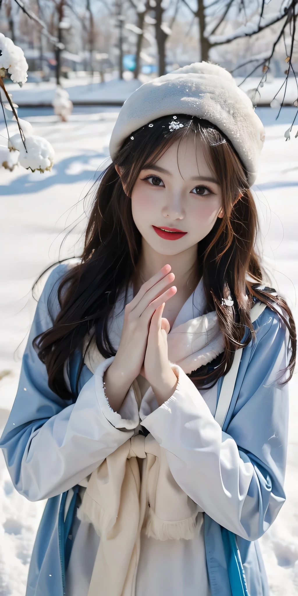 RAW photo, bokeh, Top image quality, High resolution, best quality, 8k, HDR, (photorealistic:1.5), young girl, trench coat, beanies, Winter, snowing day, (intricate details:1.37), (delicate detailed) (intricate details), (cinematic light, best quality Backlights), she stands gracefully, looking at viewer, framed by trees adorned with a pristine white blanket of snow. The sunlight gently kisses her face, illuminating her natural beauty. Her features reflect the pristine clarity of the snow, with eyes as deep and blue as sapphires. Her hair cascades softly, adorned with delicate snowflakes, creating a dreamy and innocent allure. Each step she takes is light and airy, reminiscent of petals gently dancing upon a breeze, radiating a serene and enchanting presence.