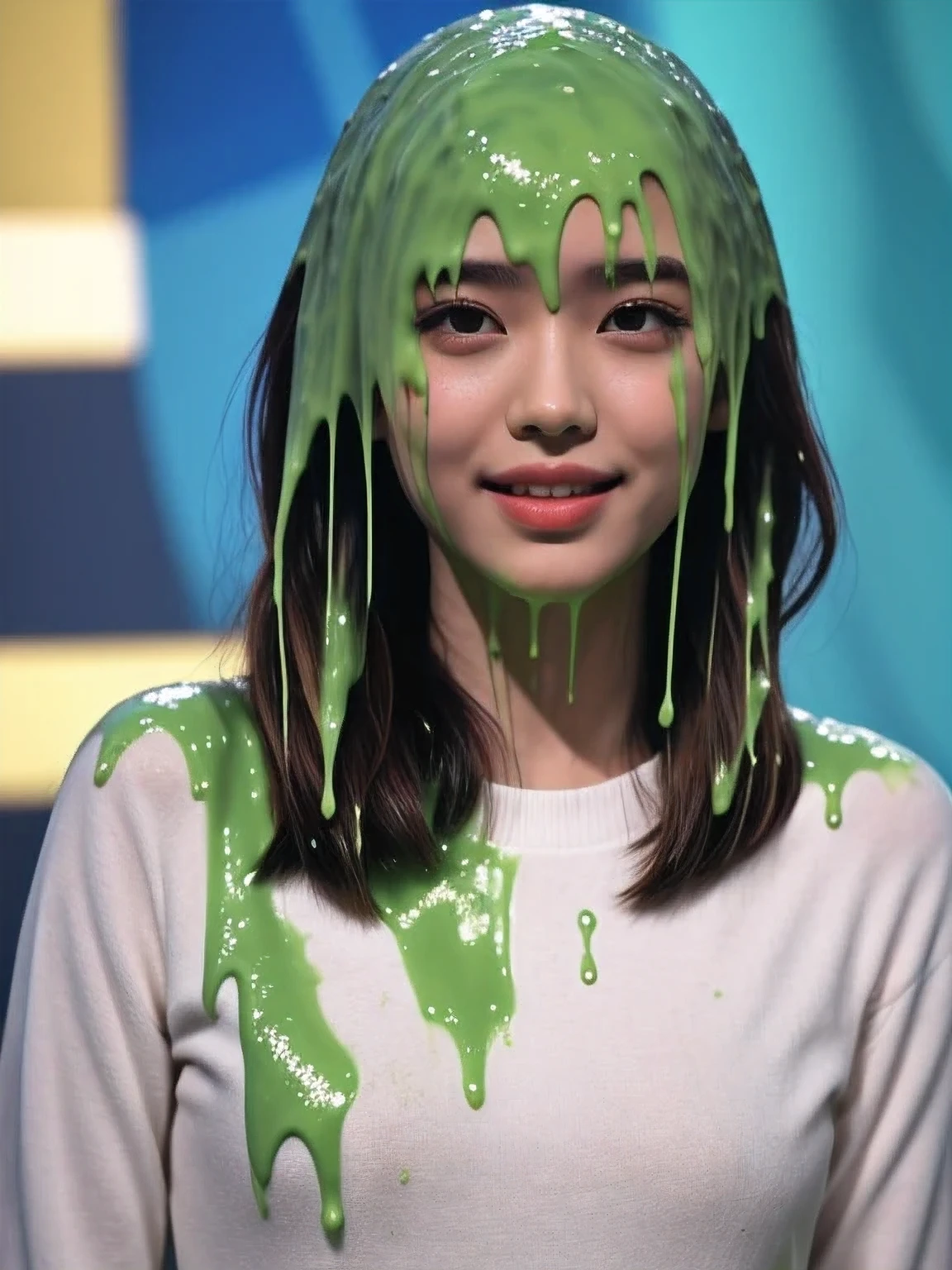 (film photograph:1.3), (photorealistic:1.4), Canon50, 16k, masterpiece, HD,  detailed lips, detailed skin texture, Korean girl, extreme realism, beautiful face, delicate eyes, eyeshadow, slime, slime on face, slime on hair, goo on face, goo on head, dripping green goo, f/2.0, bokeh, natural skin texture, textured skin, detailed textures, liquid splashes on her head, detailed slime, detailed goo, inside game show studio, face covered in slime