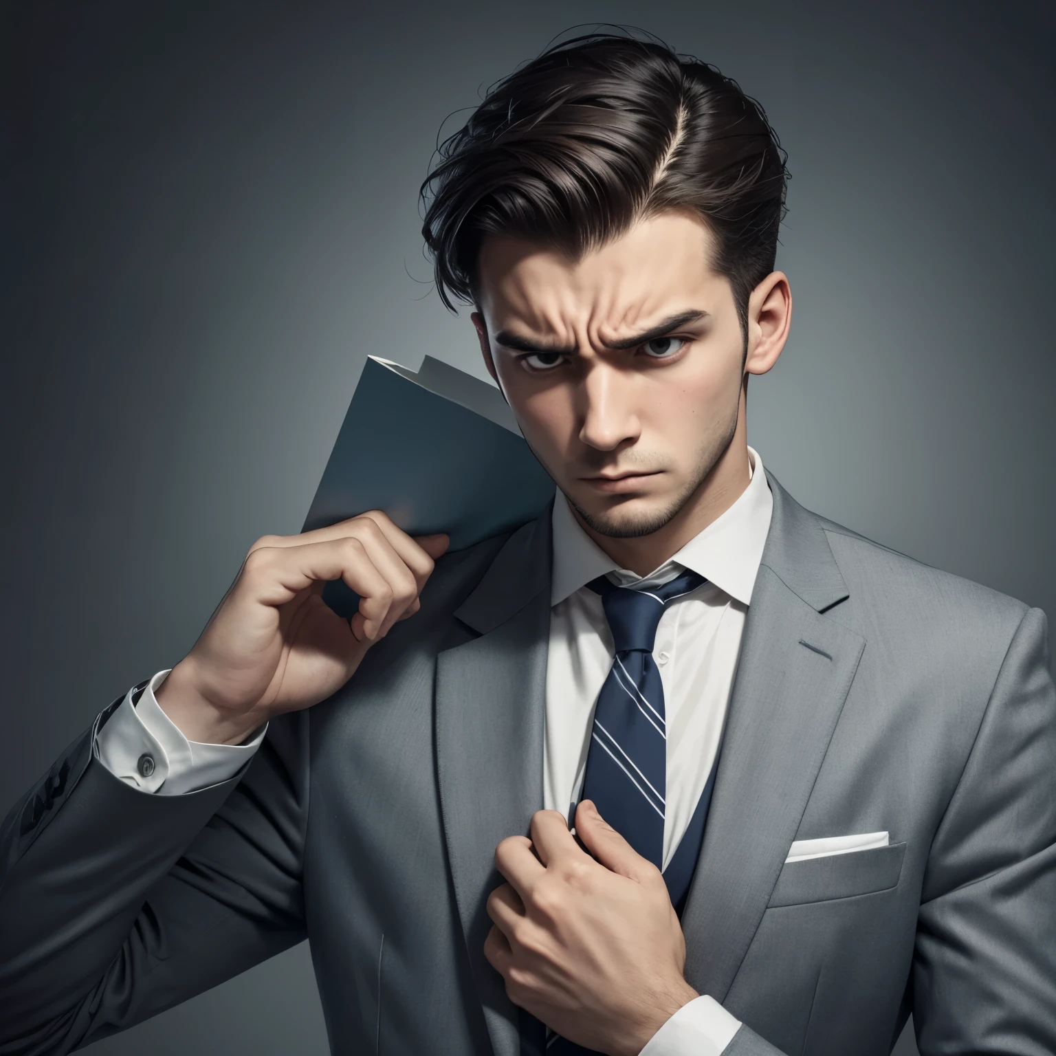 Man, 25 yo, wears a suit, stressed out, angry, holding it's head furiously 