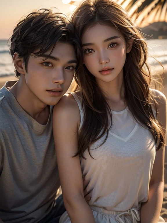(extremely detailed and high-quality illustration),(best lighting and shadow effects, ultra-realistic), sunset beach, young man with a wheat skin tone, looking out at the girl with a love expression,muscle, girl with casual clothes, korean couple, eyes contacts.