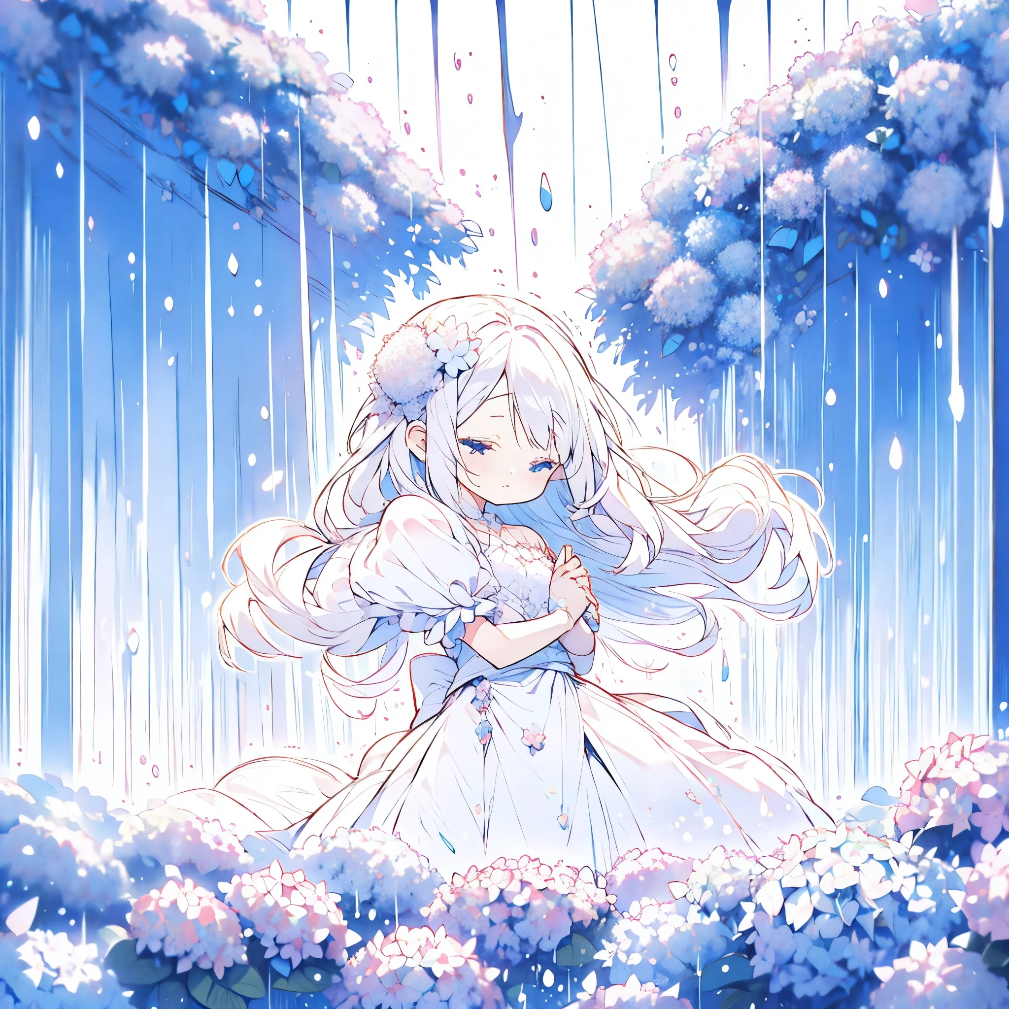 ((masterpiece)), ((best quality)), ((background)), ((no people)), (pastel colored theme), scene, raining, hydrangea, pastel pink and white
