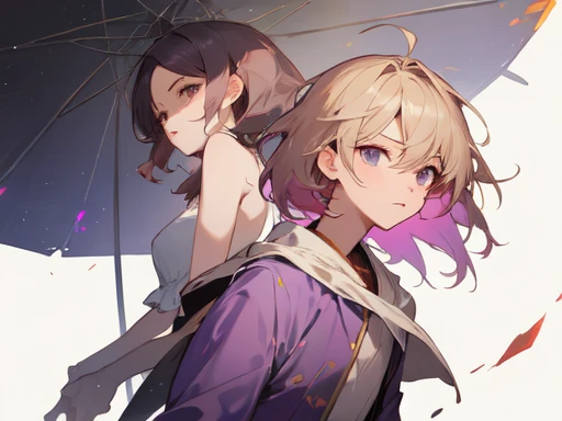 (absurdres), (perfect anatomy), (ingenious angle), (purple painting), pastel colors, beautiful composition, RAW photo, extremely delicate and beautiful, aesthetic, 2 people, 2 person, friend, girl, ikemen, medium hair, beige hair, elegant, little prince, upper body, with purple gem, white background, warm atmosphere, emotional, fantastic, perfect composition, trending pixiv fanbox, clear eyes, anime hand drawn illustration, produced by Anime Painter Studio,