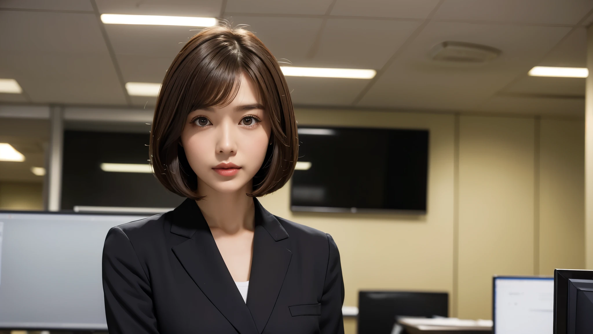 Depicts a new office lady with brown hair and a bob cut.、Generate extremely high quality and realistic CG images。The subject is a woman in her 20s.、wearing a black suit。Details of the suit and texture of the fabric、Texture and luster of brown hair、Please pay close attention to details such as the bob cut hairstyle.。She had a confident look on her face.、Try to give the impression that you take your job seriously in an office environment。The background should be clean and create an office-like atmosphere.。