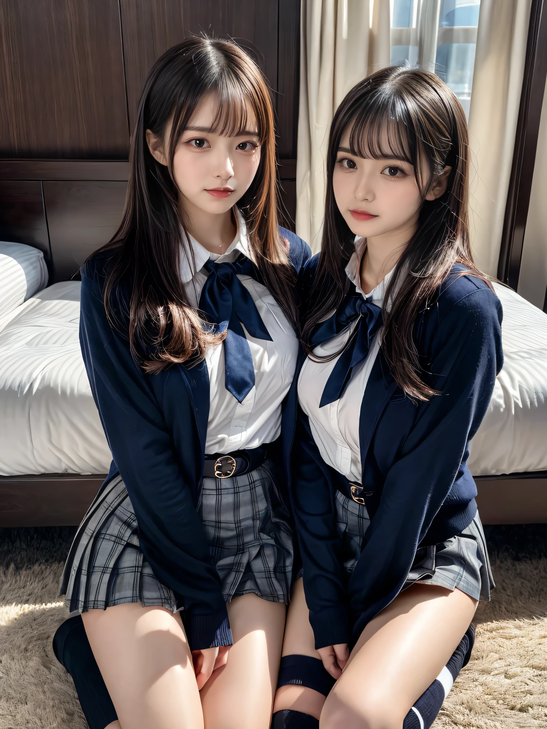 (8K, Raw photography, top-quality, masterpiece:1.2), muster piece, best quality, illustration, Super detailed, fine details, High resolution, 8K,wall paper, perfect dynamic composition,(Details High quality, realistic depiction of eyes:1.3), ((2 girls, 2 girls)), The background is a luxury hotel room、High school girl uniform、blazer 、Super Short Check Uniform Skirt、Navy blue high socks、garterbelts、Colossal tits、Disturbed uniform, Play with each other,Touching each other's bodies,Touching the body of the girl next door, short bob hair, black hair color, huge breasts, Big Natural Color Lip, bold sexy pose, (perfect body shape), crying a little、cold gaze, Beautiful makeup,glitter makeup,Cutest 18 years old、 beautiful legs, hposing Gravure Idol, Voluptuous thighs