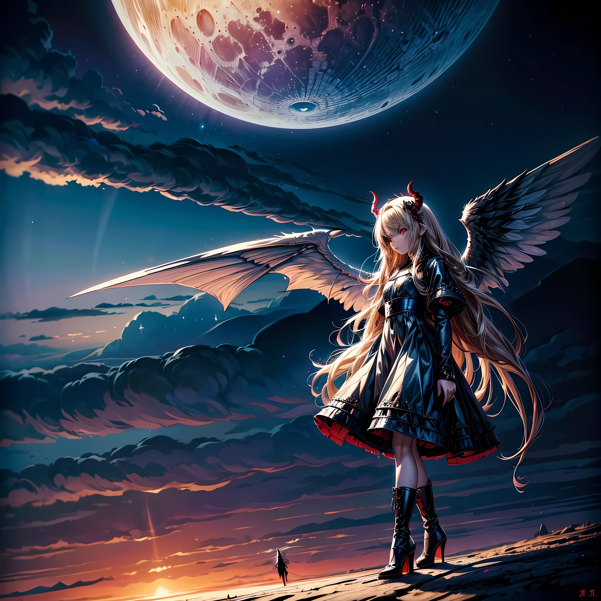 ((a picture of 2 women 1angel and 1demon), (highest quality, masterpiece, High resolution), 16K, fantasy art, RPG art BREAK a (1female angel: 1.3) , wearing dress, pale skin, best details beautiful face , (blond: 1.2) hair, long hair wavy hair (blue: 1.1) eyes, high heeled boots, wearing a dress, large angelic wings, (white: 1.2) angelic wings spread BREAK ((AND)) a (1female demon: 1.3), (red: 1.2) skin, demonic wings, (black: 1.1) demonic wings spread, demonic horns, (red: 1.1) skin, black hair, red eyes, best details beautiful face, wearing a dress, high heels, in the border between heaven and hell, moon, stars, clouds, god rays, soft natural light silhouette, dynamic angle, photorealism, panoramic view (Masterpiece 1.3, intense details) , Wide-Angle, Ultra-Wide