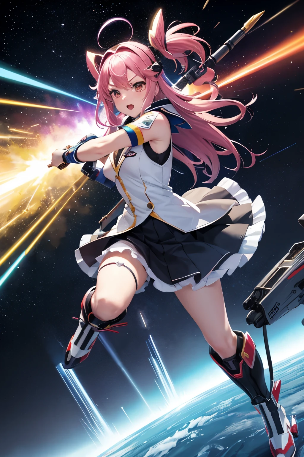 (((highest quality、first-clasasterpiece、Normal body、8k、Detailed face、Ultra-precision、Normal hand、Normal finger、5Finger、)))Brightly colored hair、Rainbow Hair、Rainbow Mechanical Angel、Large rainbow mechanical wings、Large booster、Large rainbow thruster、Visor Helmet、Super alloy armor、Armor Skirt、Thought-guided remote-controlled weapon、Funnel、Bit Weapon、Full Armor、Beam rifle、Rainbow Beam、Running through space、Full boost、Beam Sword、Fighting space monsters、Variable Beam Launcher、multi missile、Mega Beam Cannon、In combat、Dogfight、High Maneuver、Space War、fleet battle、Destroy enemy ships、High mega particle cannon firing、ultimate weapon、Multi-warhead missiles、Full burst、All-at-once sweep、Breaking the Limits、critical point breakthrough、Charged particle cannon、Meteors、Buster Rifle、Buster Beam、Last Shooting、Upward Shooting、Charged particle cannon