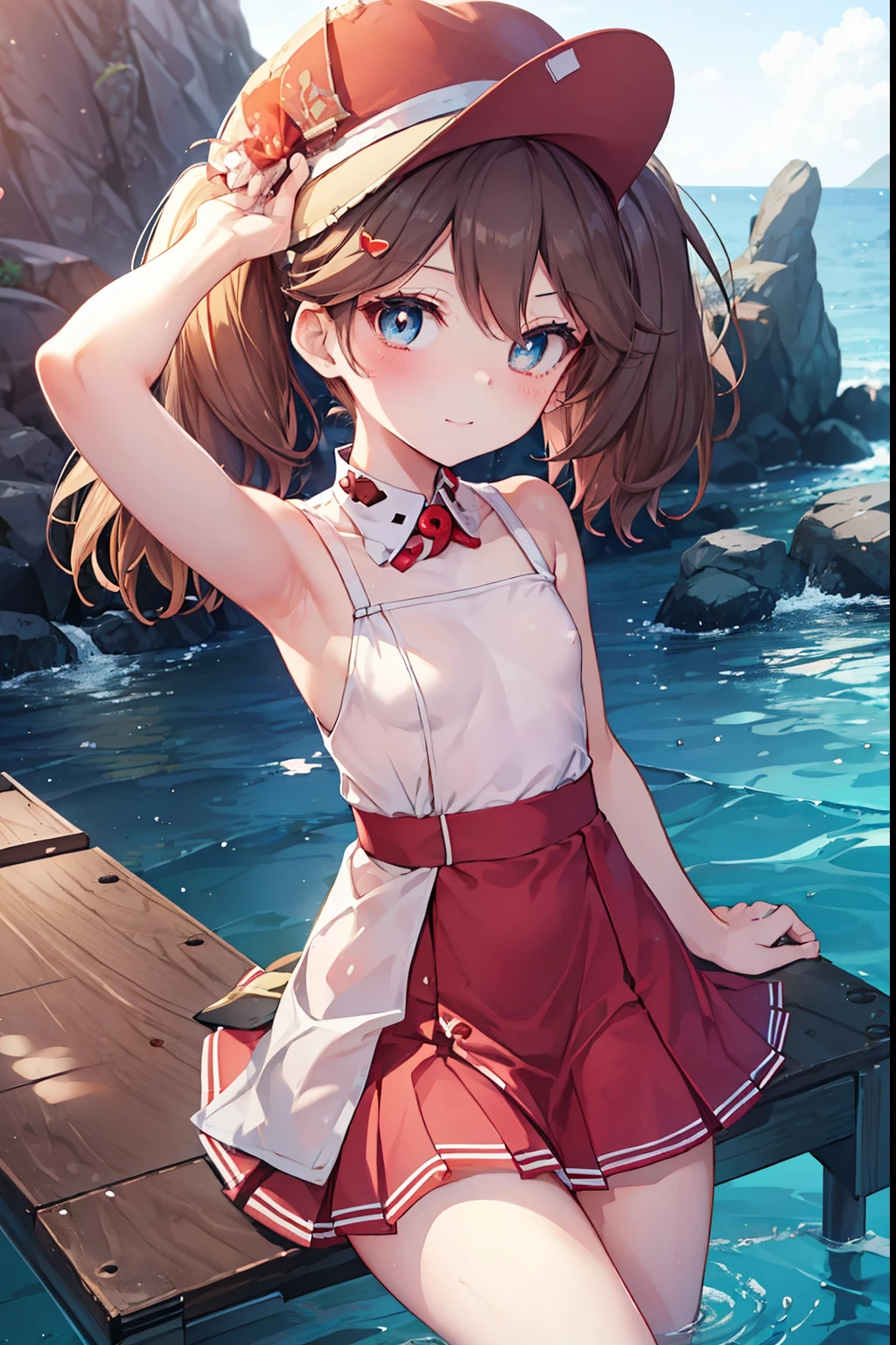 ryuujou、blush,smile、Wear a hat、Shipgirl、uniform、Fighting at sea、Primary school students、The back is very small、****ta、Small breasts、Please show me your armpits、exterior: ************、Shoulder Bare、The clavicle is visible、Sexy thighs、Beautiful feet、Usual hairstyle、highest quality, High resolution, unity 8k wallpaper, (shape:0.8), (Beautiful and beautiful eyes:1.6), Highly detailed face, Perfect lighting, Extremely detailed CG, (Perfect hands, Perfect Anatomy),