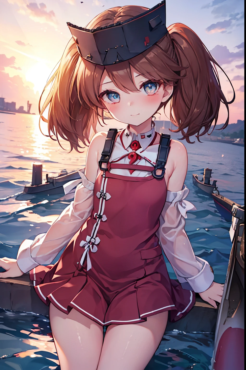 ryuujou、blush,smile、Wear a hat、Shipgirl、uniform、Fighting at sea、、The back is very small、Lolita、Small breasts、Please show me your armpits、exterior: 14 years old、Shoulder Bicle is visible、Sexy thighs、Beautiful feet、Usual hairstyle、highest quality, High resolution, unity 8k wallpaper, (shape:0.8), (Beautiful and beautiful eyes:1.6), Highly detailed face, Perfect lighting, Extremely detailed CG, (Perfect hands, Perfect Anatomy),