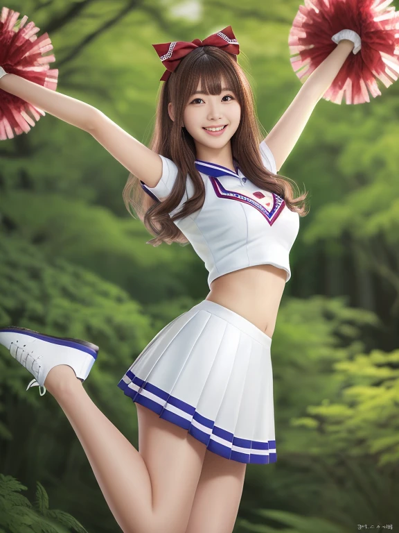 Photo-realistic quality、Dressed in cheerleader outfits, posing for photos in the woods２０Old Japanese woman, Japanese girl in cheerleading costume, Beautiful idol female college student, Cute Model, Attractive girl, mini skirt, Japanese Model, White top、looking at the camera、Cute smile、Delicate and beautiful eyes、Soft lips、Slightly large breasts、looking at the camera