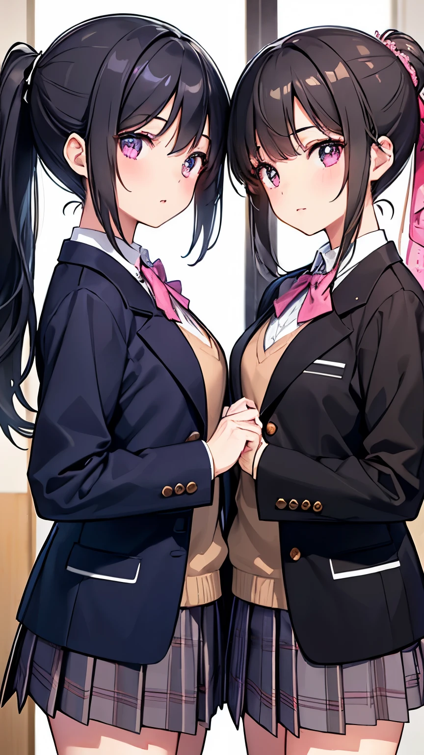 ((best quality)), ((masterpiece)), (detailed), perfect face, beautiful face, best quality, ultra high resnatural light, shiny skin, detailed skin, detailed face, detailed eyes, (2 girls), ((Two girls looking at each other)), a girl with black straight hair and a girl with a pink ponytail, Japanese high school girl, high , blazer and plaid skirt