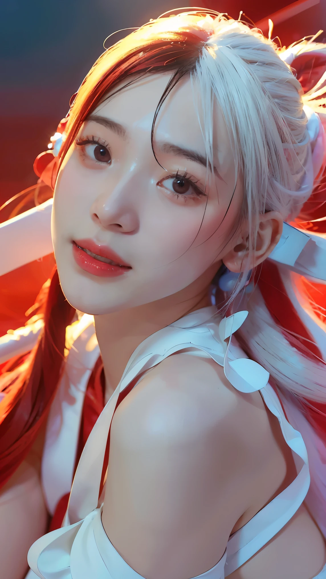 1girl,uta in anime onepiece,red and white hair,red eyes,beautiful,white clothes,sea background,(best quality,4k,8k,highres,masterpiece:1.2),ultra-detailed,(realistic,photorealistic,photo-realistic:1.37),red lips,portrait,anime,soft lighting,vibrant colors,strong shadows,subtle highlights,bokeh