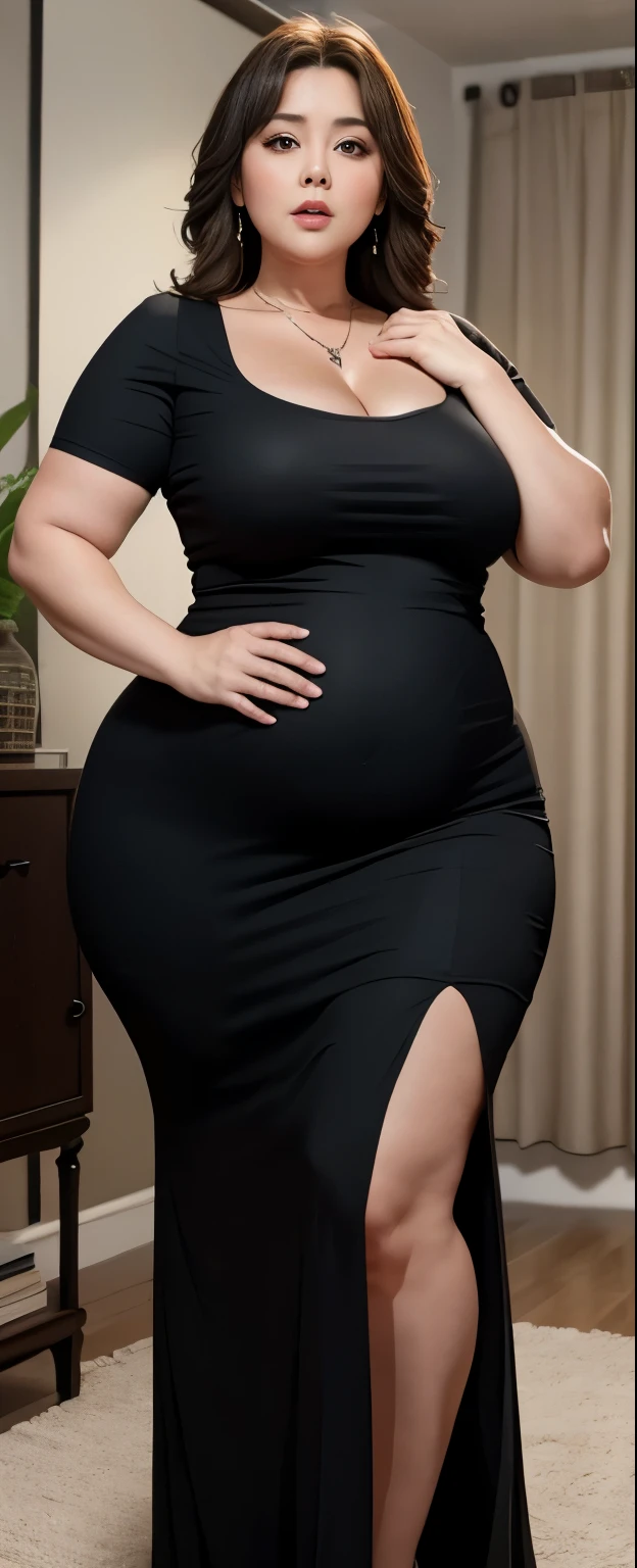 Chubby woman with fat belly and tight thighs, full body, 50-year-old mature woman, thick hips, thick neck, thick chest, big eyes, wearing a longest dress