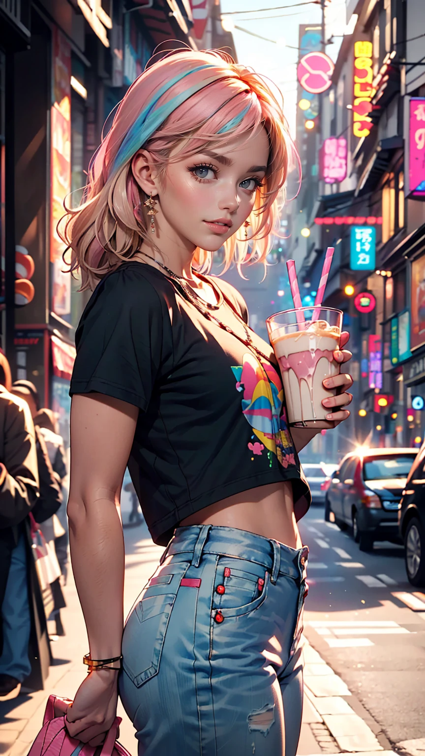 AniPoma 1,(masterpiece, Best illustrations, The best manga), alone, One girl, Purple eyes, (Shiny skin, Soft Hair), (Milkshake in hand), freckles, (Bright pink two-tone hair:1.3), (Wearing a Led Zeppelin T-shirt, Denim jeans), (Extreme light and shadow, Volumetric lighting, Rim Light), (Dawn:.5), (Rainbow Light, Light leakage), (Fascinating, Grin), (alone), manga dusk 1, Manhwa 1