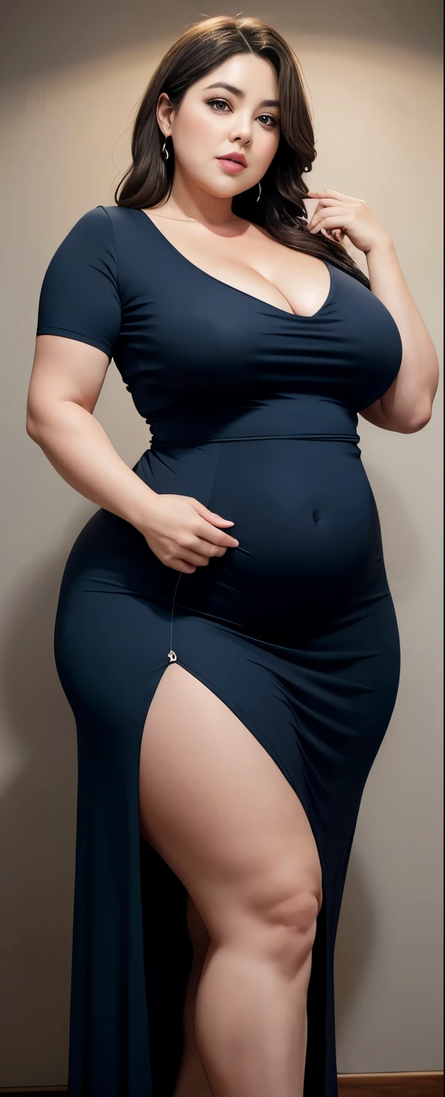 Chubby woman with fat belly and tight thighs, full body, 50-year-old mature woman, thick hips, thick neck, thick chest, big eyes, wearing a longest dress
