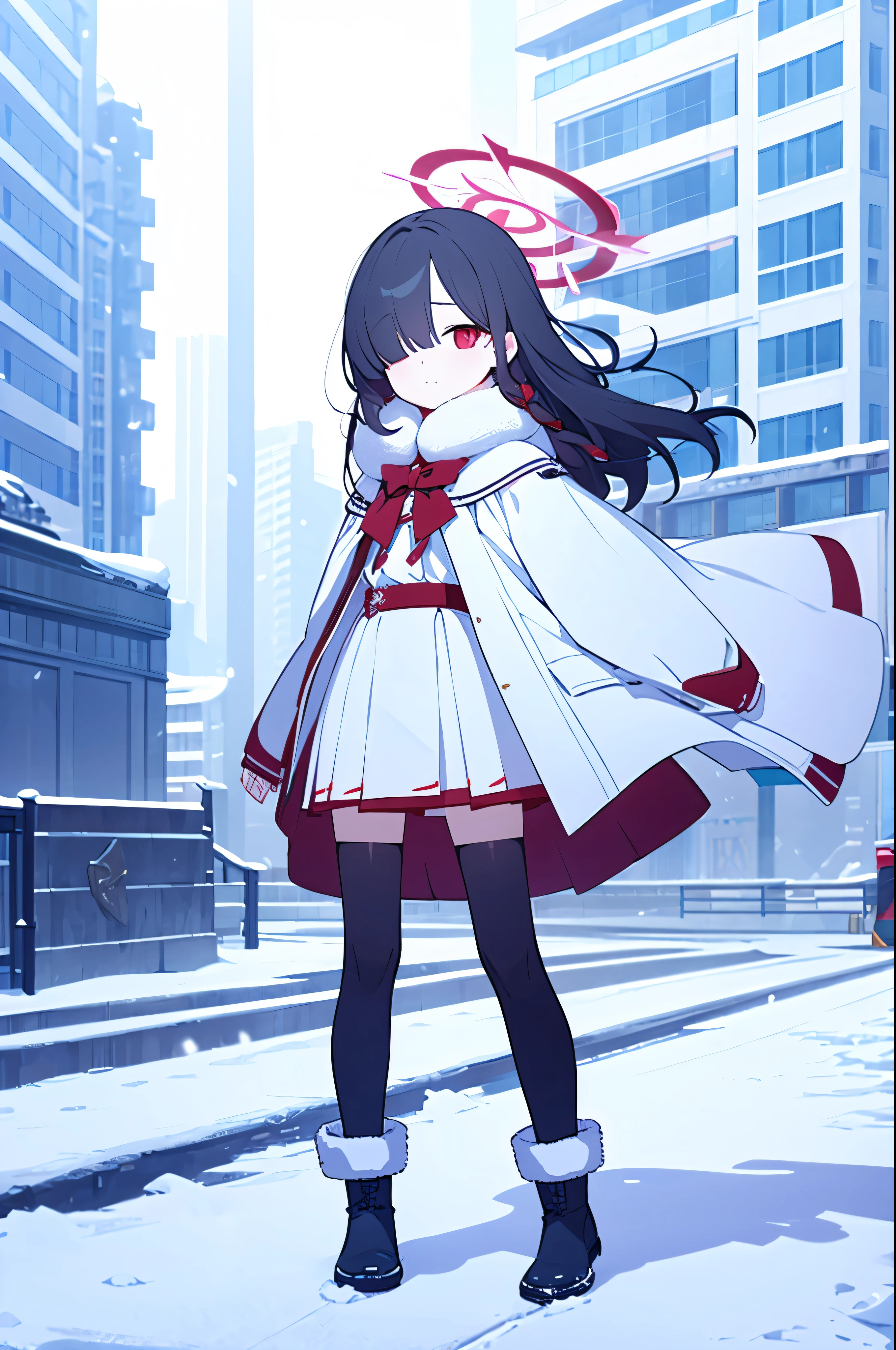 Loli,black hair,Red eyes,There are no highlights in the eyes,Hair covering one eye,Loli's Body,Wearing a white shirt,Wearing a white coat with fur collar,Wears black tights,Wearing furry boots,Red halo on head,masterpiece,Delicate and exquisite two-dimensional exquisite painting style,Delicate and exquisite,8K high quality,CG Wallpaper,HD,Bad milk,Solitary,Ark of Tomorrow style,Ark of Tomorrow,Lovely standing position,Stand on the streets in winter,Street covered with snow,Hair covering one eye,Hair covering one eye