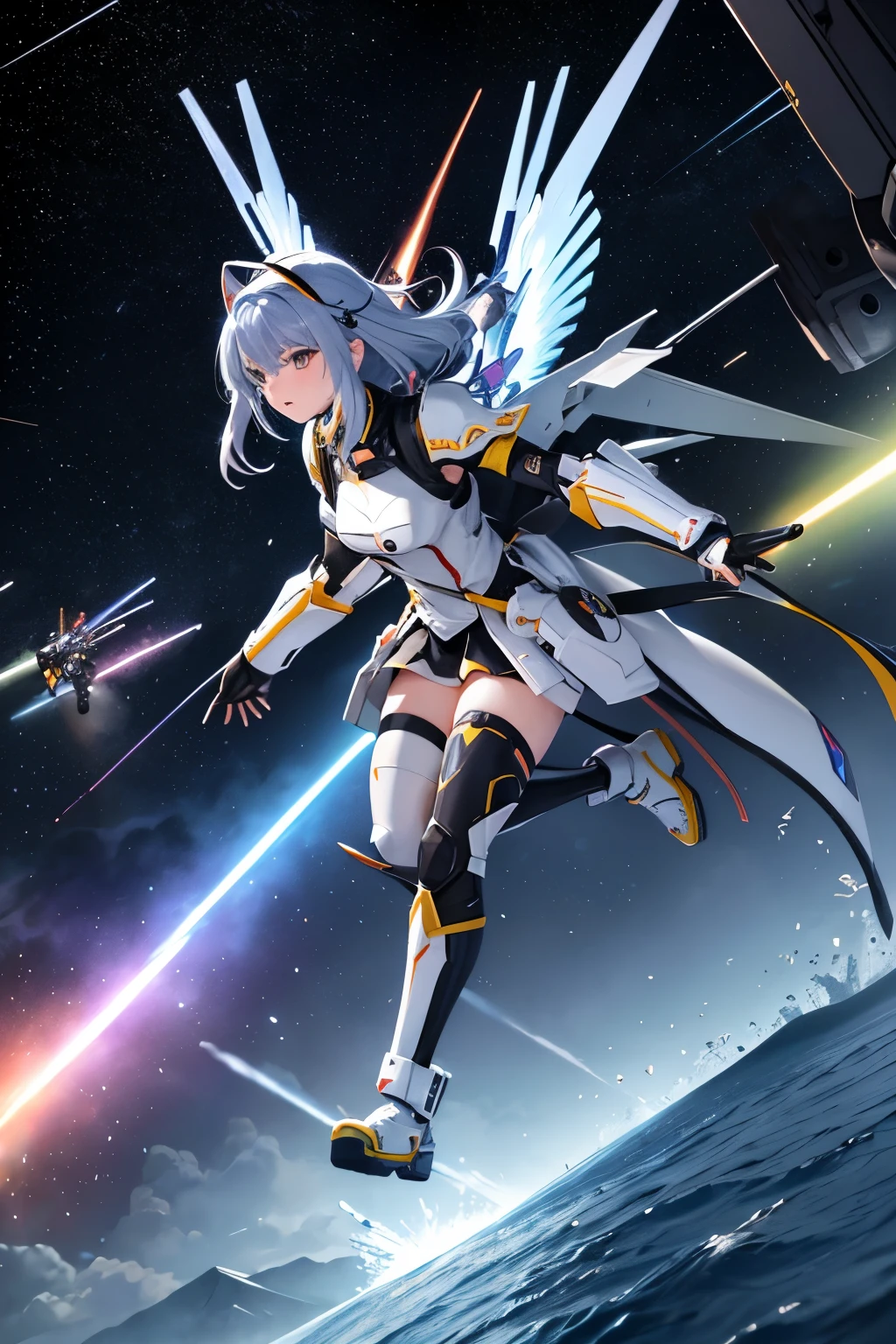 （（（highest quality、first-clasasterpiece、Normal body、8k、Detailed face、Ultra-precision、Normal hand、Normal finger、５Finger、）））Brightly colored hair、Rainbow silver hair、Rainbow Mechanical Angel、Large rainbow mechanical wings、Large booster、Large rainbow thruster、Visor Helmet、Super alloy armor、Metal Armor Skirt、Thought-guided remote-controlled weapon、Funnel、Bit Weapon、Full Armor、Beam rifle、Rainbow Beam、Running through space、Full boost、Beam Sword、Fighting space monsters、Variable Beam Launcher、multi missile、Mega Beam Cannon、In combat、Dogfight、High Maneuver、Space War、fleet battle、Destroy enemy ships、High mega particle cannon firing、ultimate weapon、Multi-warhead missiles、Full burst、All-at-once sweep、Breaking the Limits、critical point breakthrough、Charged particle cannon、Meteors、Buster Rifle、Buster Beam、Last Shooting、Upward Shooting、Charged particle cannon、dead end
