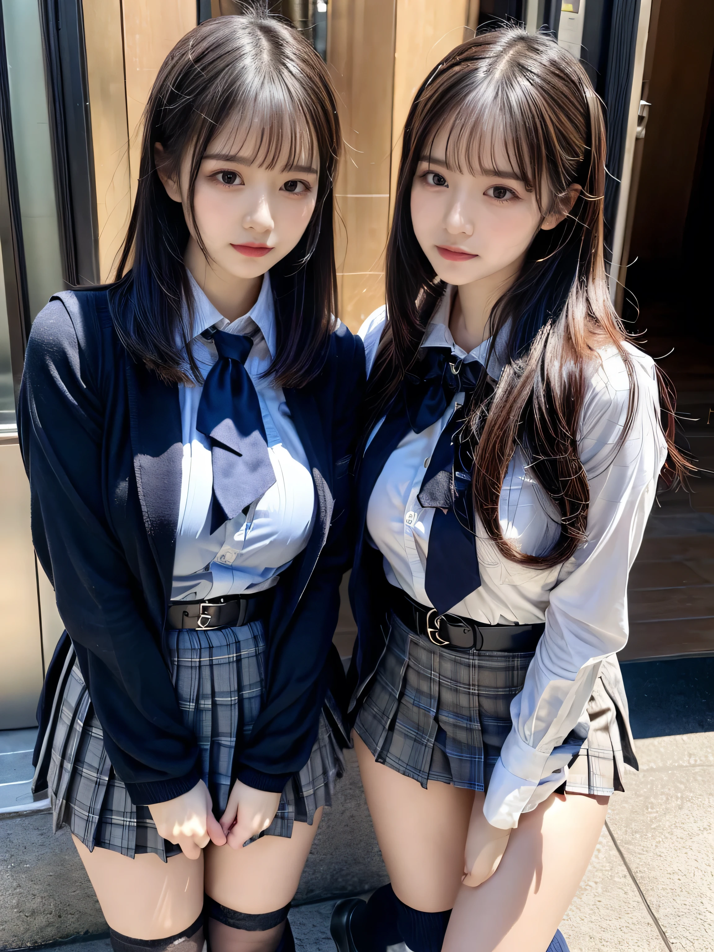 (8K, Raw photography, top-quality, masterpiece:1.2), muster piece, best quality, illustration, Super detailed, fine details, High resolution, 8K,wall paper, perfect dynamic composition,(Details High quality, realistic depiction of eyes:1.3), ((2 girls, 2 schoolgirls)), The background is a luxury hotel room、High school girl uniform、blazer 、Super Short Check Uniform Skirt、Navy blue high socks、garterbelts、Colossal tits、Disturbed uniform, Play with each other,Touching each other's bodies,Touching the body of the girl next door, short bob hair, black hair color, huge breasts, Big Natural Color Lip, bold sexy pose, (perfect body shape), crying a little、cold gaze, Beautiful makeup,glitter makeup,Cutest 18 years old、 beautiful legs, hposing Gravure Idol, Voluptuous thighs