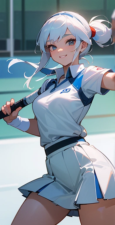 ((Perfect quality)), ((masterpiece)), Young woman, Korean woman, ((masterpiece качества)), snow-white skin, wearing a tennis skirt, in tennis clothes, smiling, White hair, (female sexy body), (Plays tennis), women's sexy hips, smiling, (background tennis court in nature around trees bright sun), glare on the skin, 1 racket,