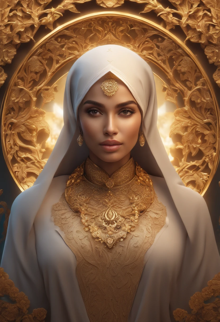 large golden letter T, astrological sign of Leo, sakura petals, woman in hijab, intricate detailed ornate design, ornamental, symmetry, abstract, surreal, ethereal, fantasy, 4k, 8k, high resolution, photorealistic, masterpiece, vibrant colors, dramatic lighting