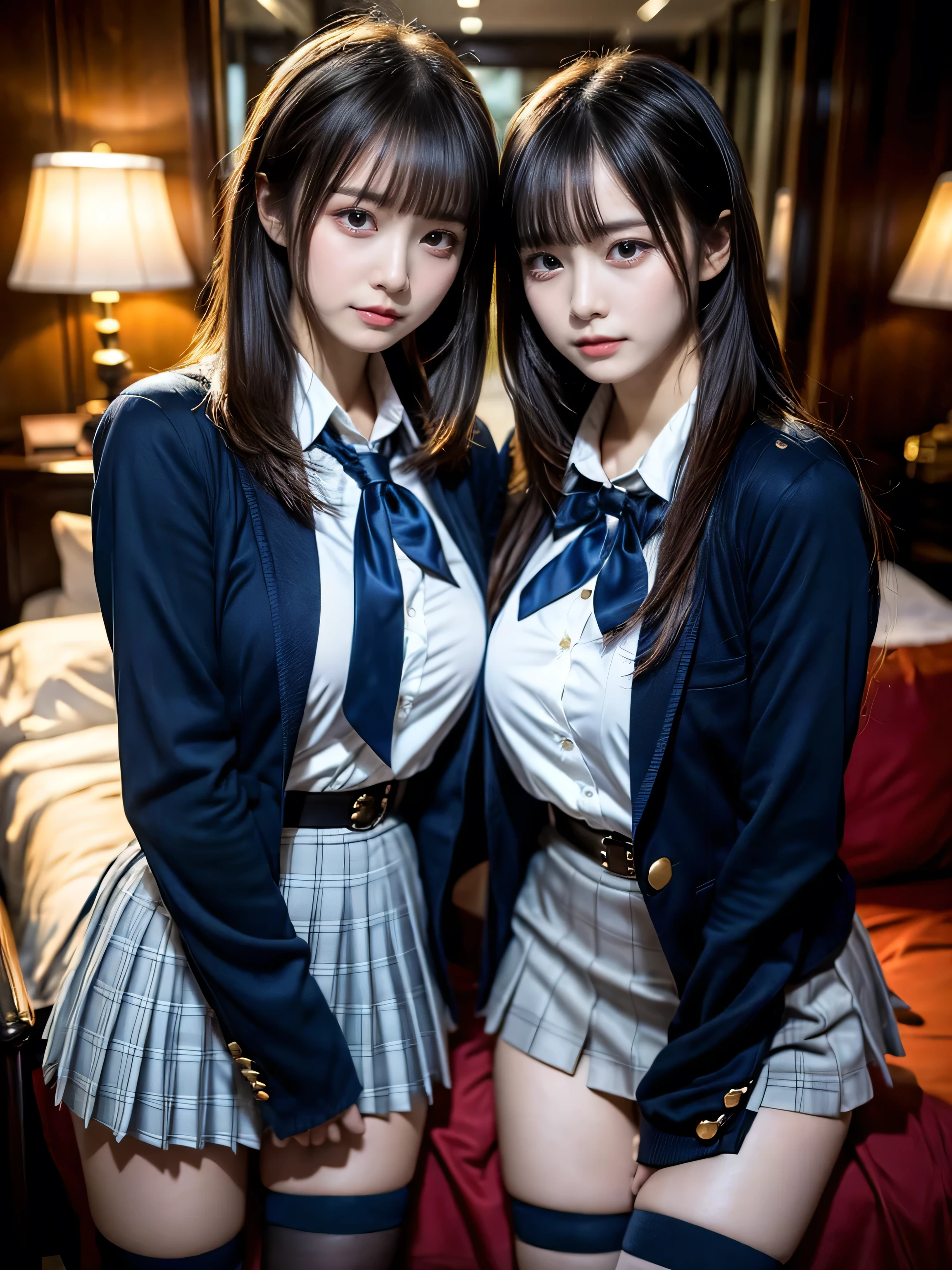 (8K, Raw photography, top-quality, ​masterpiece:1.2), muster piece, best quality, illustration, Super detailed, fine details, High resolution, 8K,wall paper, perfect dynamic composition,(Details High quality, realistic depiction of eyes:1.3), ((2 girls, 2 girls)), The background is a luxury hotel room、High school girl uniform、blazer 、Super Short Check Uniform Skirt、Navy blue high socks、garterbelts、Colossal tits、Disturbed uniform, Play with each other,Touching each other's bodies,Touching the body of the girl next door, short bob hair, black hair color, huge breasts, Big Natural Color Lip, bold sexy pose, (perfect body shape), crying a little、cold gaze, Beautiful makeup,glitter makeup,Cutest 18 years old、 beautiful legs, hposing Gravure Idol, Voluptuous thighs