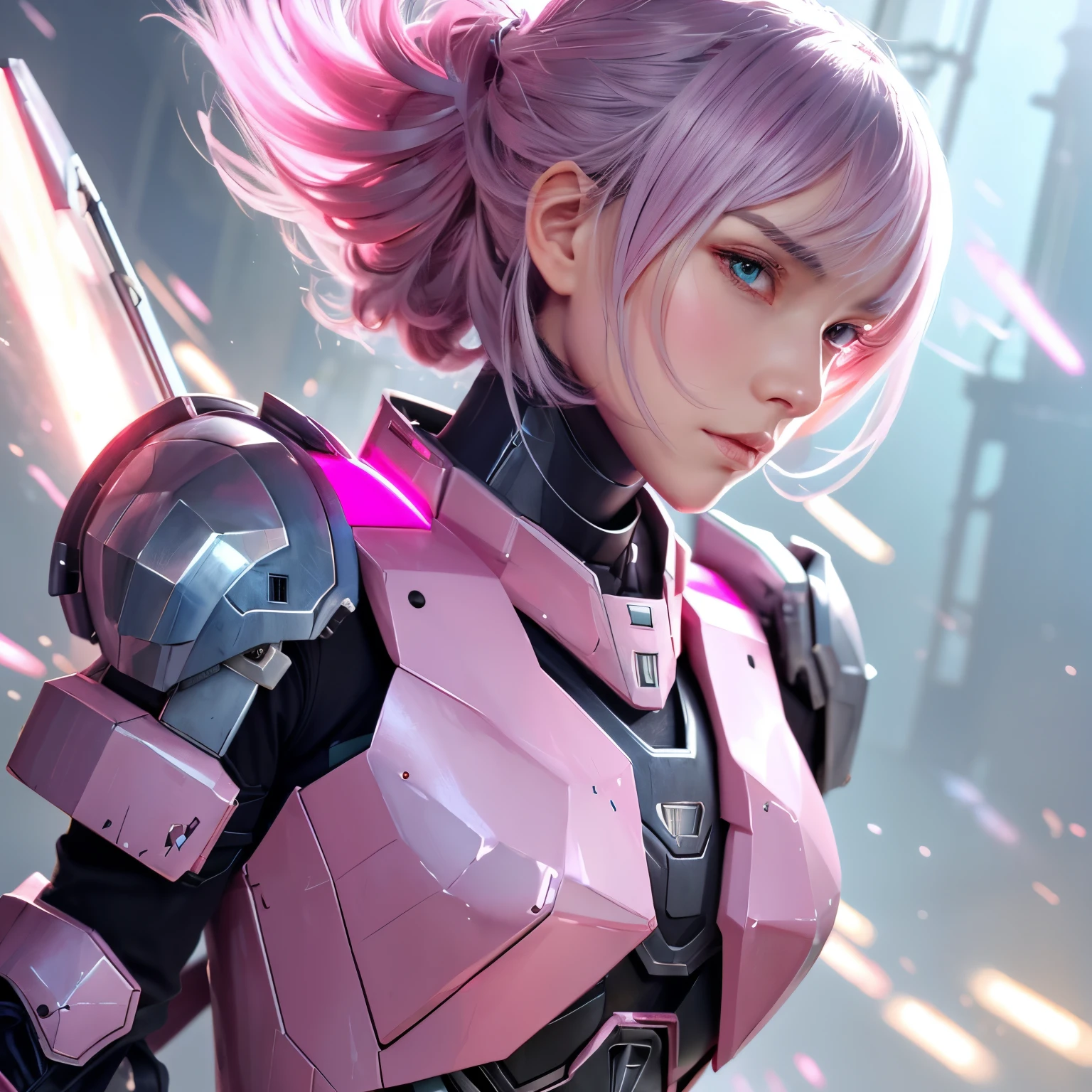 a close up of a person with a sword and armor, streamlined pink armor, mechanized valkyrie girl, armor girl, girl in mecha cyber armor, slick pink armor, cushart krenz, sharp silver armor fuchsia skin, cushart krenz key art feminine, shining pink armor, gear aurora, in opal armor, female mecha