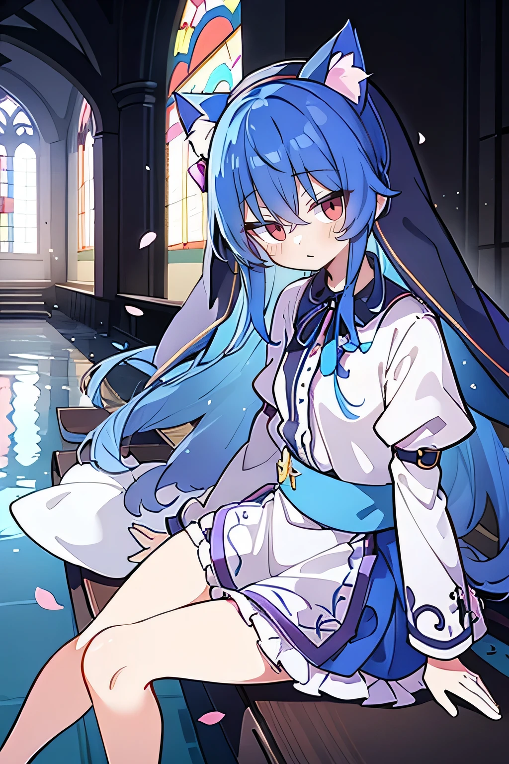 （masterpiece：1.2），Super detailed，lifelike，Expressive eyes，fair skin，perfect face shape，1 girl，
Japanese comics,Gorgeous blue hair,flowing blue hair,flowing clothes,Cat ears,Petals fall,beautiful lola,Baby Angel,
Shaking head with one hand，Cross your legs，，The pavilion is cool and comfortable,smile,back views,sunrise,Petals fall,sunrise