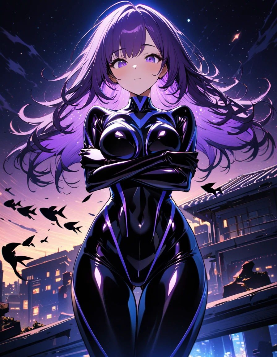  High quality, 16K,Perfect centralization, Fantastic black goldfish, happiness, standing position, abstract beauty, centered, looking at the camera, Facing the camera, approaching perfection, Dynamic, very detailed, seeds, sharp focus, 8K, a high resolution, illustration, art by Karn Griffiths and Vadim Kashin, 1 girl, Incredibly beautiful, Purple hair flutters in the wind, very sexy (strives for perfection). 
 mirror suit, tightly hugging her body (getting closer to perfection). Stands with his back on the edge of the roof,. night, sky full of stars and a huge silhouette of the moon. Breathtaking view, wind, wind-effect, lunar night view, (great view:1.1). 