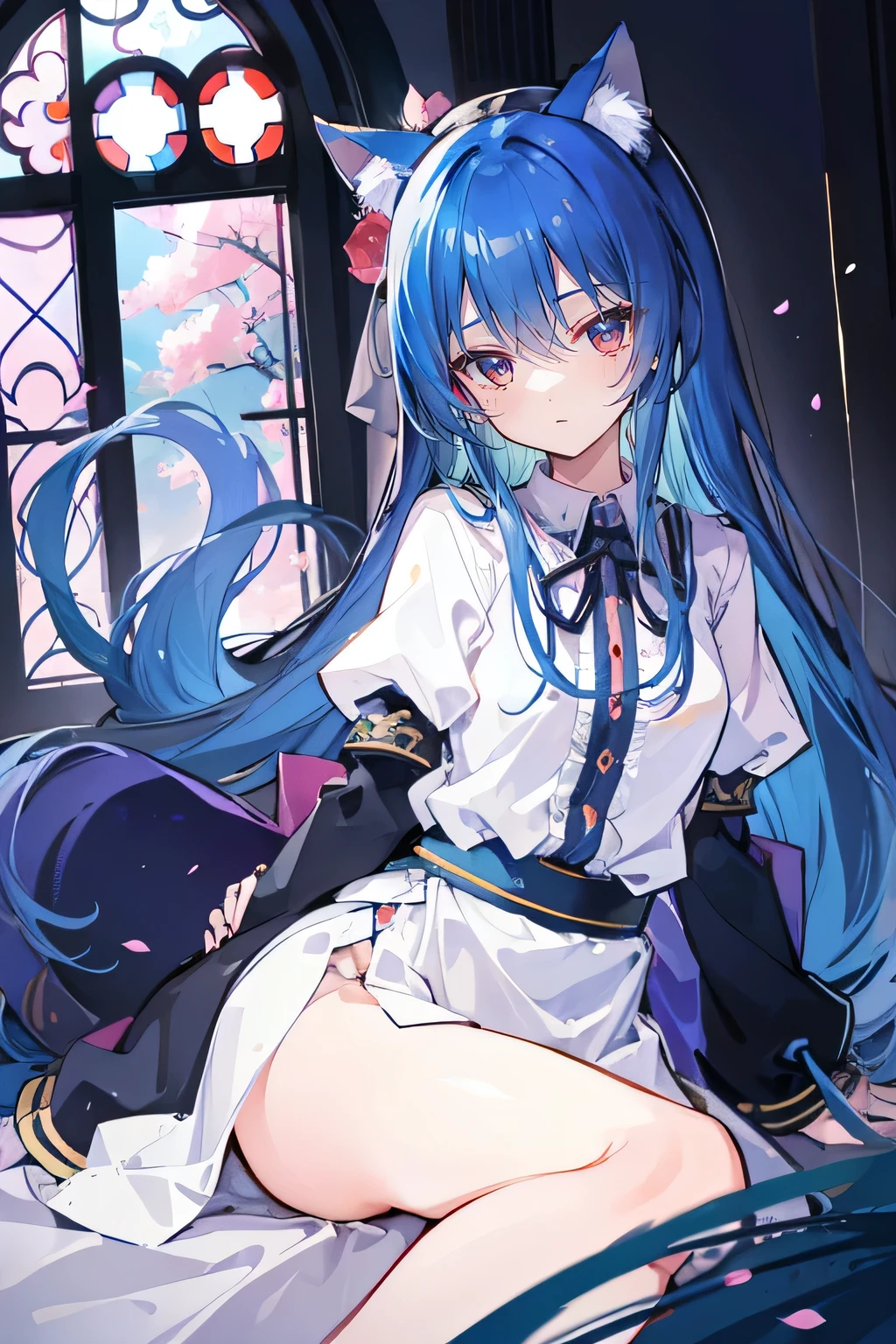 (masterpiece:1.2),Extremely detailed,Practical,expressive eyes,Fair skin,Perfect face shaping,1 Girl,
Japanese cartoons,Gorgeous blue hair, the long flowing blue hair,Floating clothes,Cat ears,Petals fall,beautiful lola,Young Angel,
Place your hands on your waist,sit elegantly on the ground,Cross your legs,Gentle and peaceful background,church,nun,little nose. 