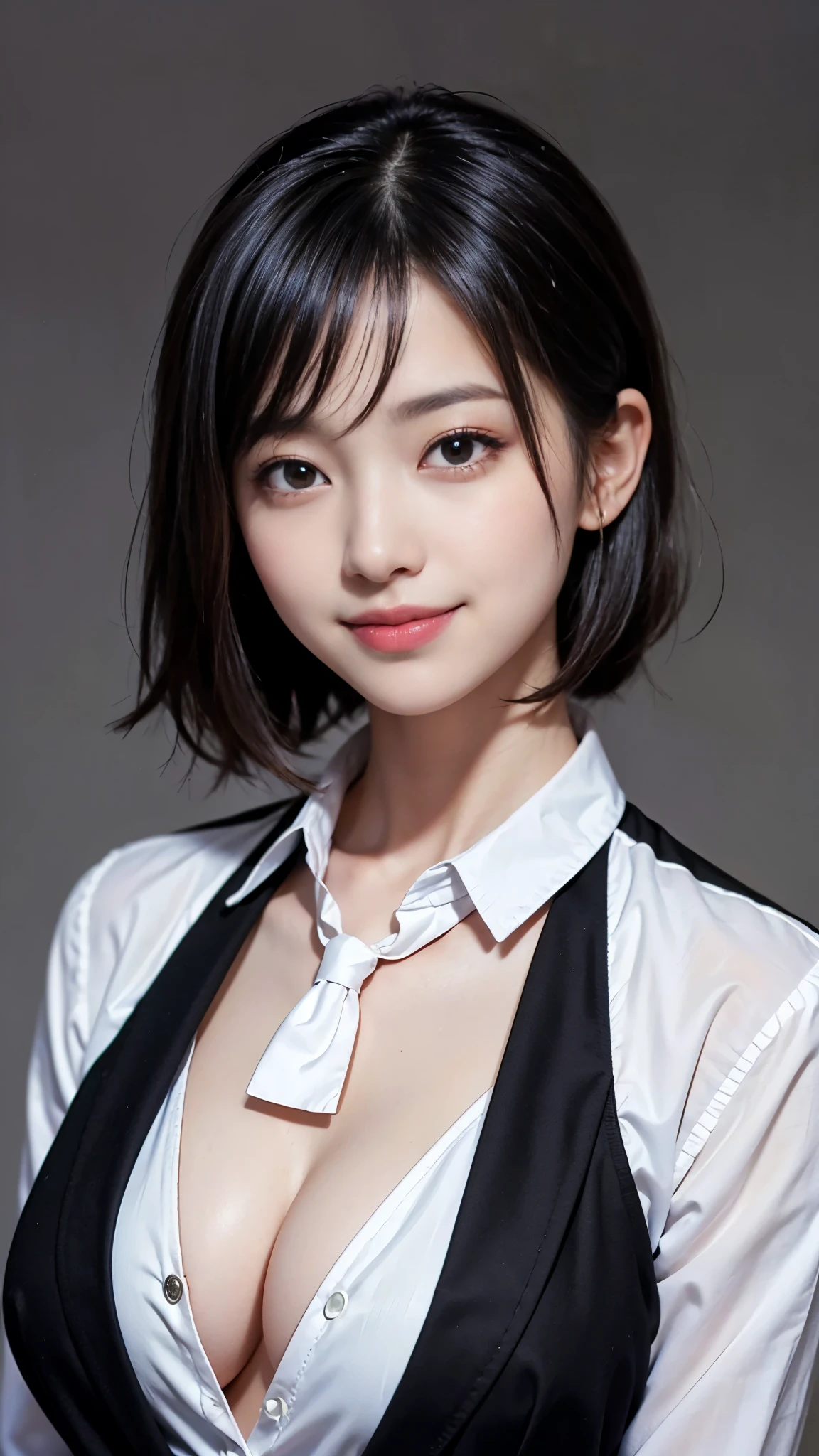 ((highest quality、Masterpiece、High resolution))、(((Zoom photo of upper body、Black Hair)))、(A shy smile:1.2)、One woman、Beautiful Skin、Beautiful Eyes、Big Breasts、blazer、shirt、tie、Trimmed bangs、short hair
