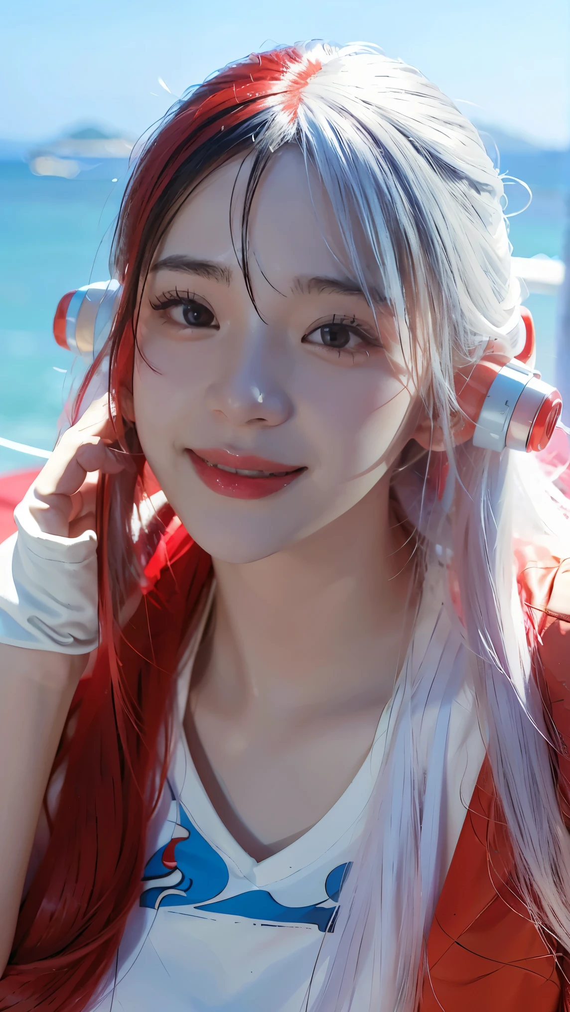 1girl,uta in anime onepiece,red and white hair,red eyes,beautiful,white clothes,sea background,(best quality,4k,8k,highres,masterpiece:1.2),ultra-detailed,(realistic,photorealistic,photo-realistic:1.37),red lips,portrait,anime,soft lighting,vibrant colors,strong shadows,subtle highlights,bokeh