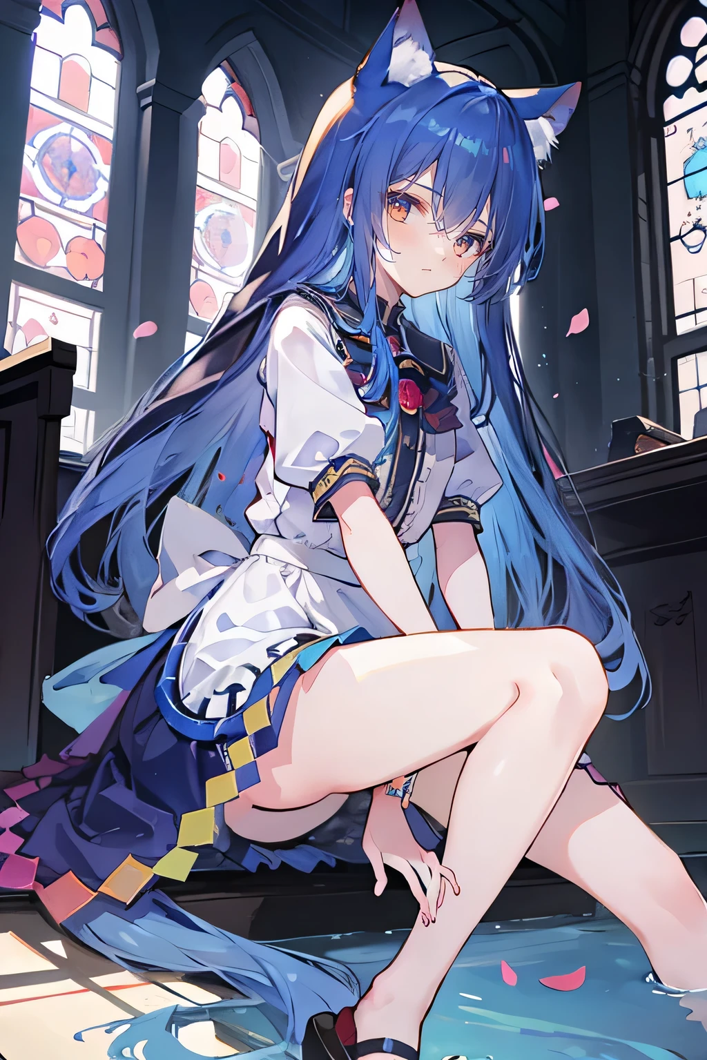 (masterpiece:1.2),Extremely detailed,Practical,expressive eyes,Fair skin,Perfect face shaping,1 Girl,
Japanese cartoons,Gorgeous blue hair, the long flowing blue hair,Floating clothes,Cat ears,Petals fall,beautiful lola,Young Angel,
Place your hands on your waist,sit elegantly on the ground,Cross your legs,Gentle and peaceful background,church,nun,little nose.