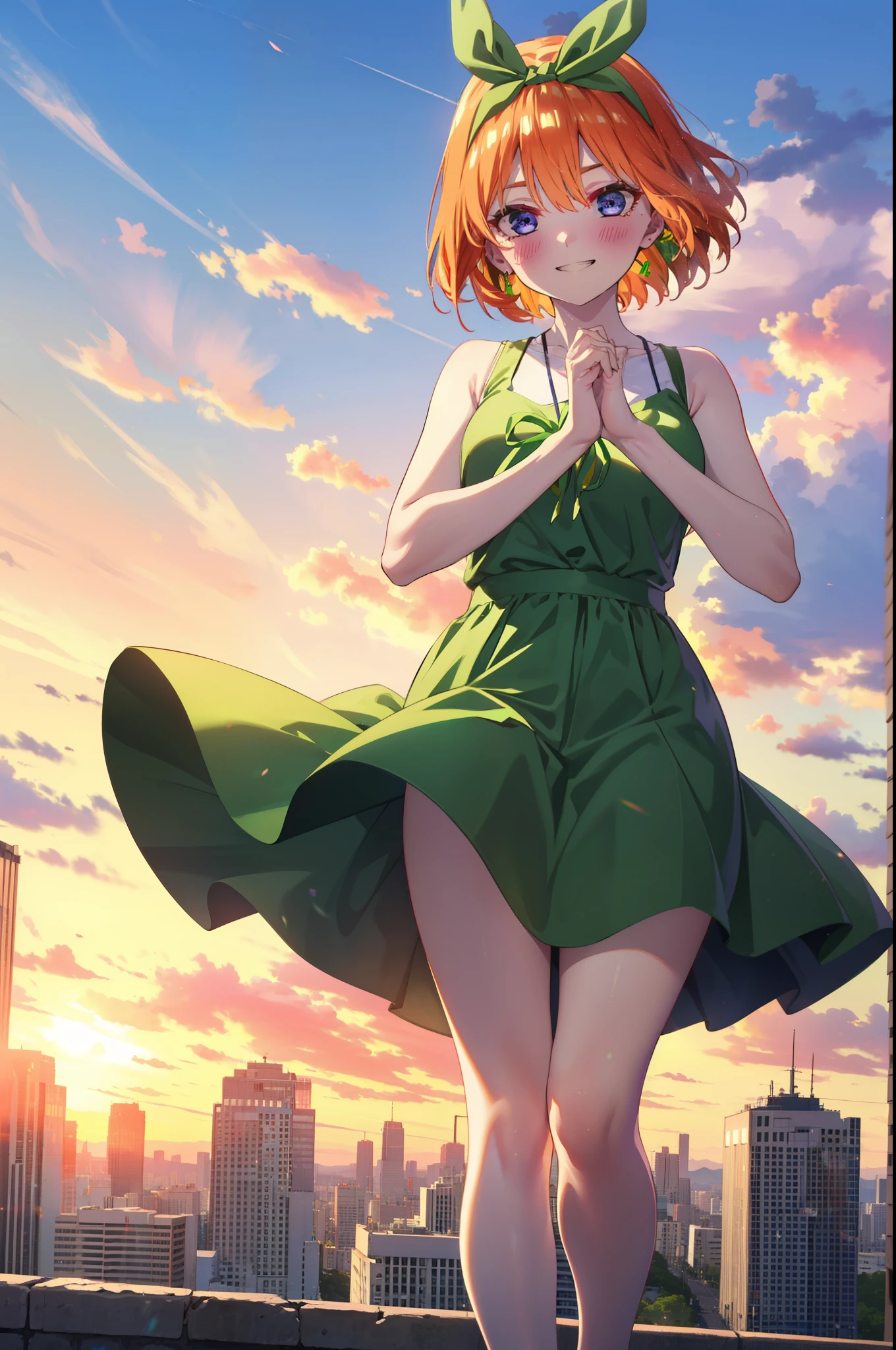 yotsubanakano, yotsuba nakano, bangs, short hair, blue eyes, Hair between the eyes, Hair Ribbon, hair band, Orange Hair, (Green ribbon:1.5), smile, Grin,smile,Sleeveless green dress,Bare arms,Green long skirt,Cute heeled sandals,sunset,evening,The sun goes down,My hair is blowing in the wind,whole bodyがイラストに入るように,Looking down from above,
break outdoors, city,海岸通り
break looking at viewer, whole body,
break (masterpiece:1.2), highest quality, High resolution, unity 8k wallpaper, (shape:0.8), (Beautiful details:1.6), Highly detailed face, Perfect lighting, Extremely detailed CG, (Perfect hands, Perfect Anatomy),