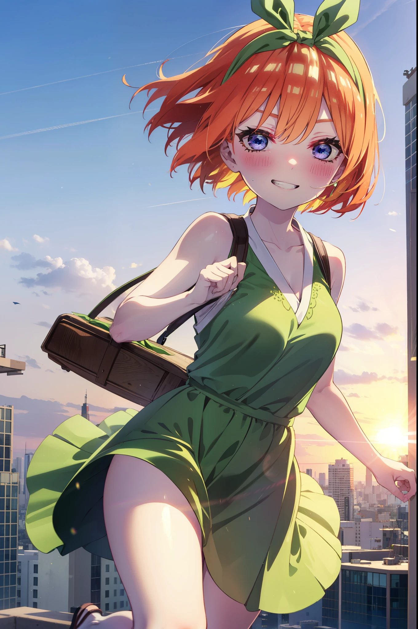 yotsubanakano, yotsuba nakano, bangs, short hair, blue eyes, Hair between the eyes, Hair Ribbon, hair band, Orange Hair, (Green ribbon:1.5), smile, Grin,smile,Sleeveless green dress,Bare arms,Green long skirt,Cute heeled sandals,sunset,evening,The sun goes down,My hair is blowing in the wind,whole bodyがイラストに入るように,Looking down from above,
break outdoors, city,海岸通り
break looking at viewer, whole body,
break (masterpiece:1.2), highest quality, High resolution, unity 8k wallpaper, (shape:0.8), (Beautiful details:1.6), Highly detailed face, Perfect lighting, Extremely detailed CG, (Perfect hands, Perfect Anatomy),