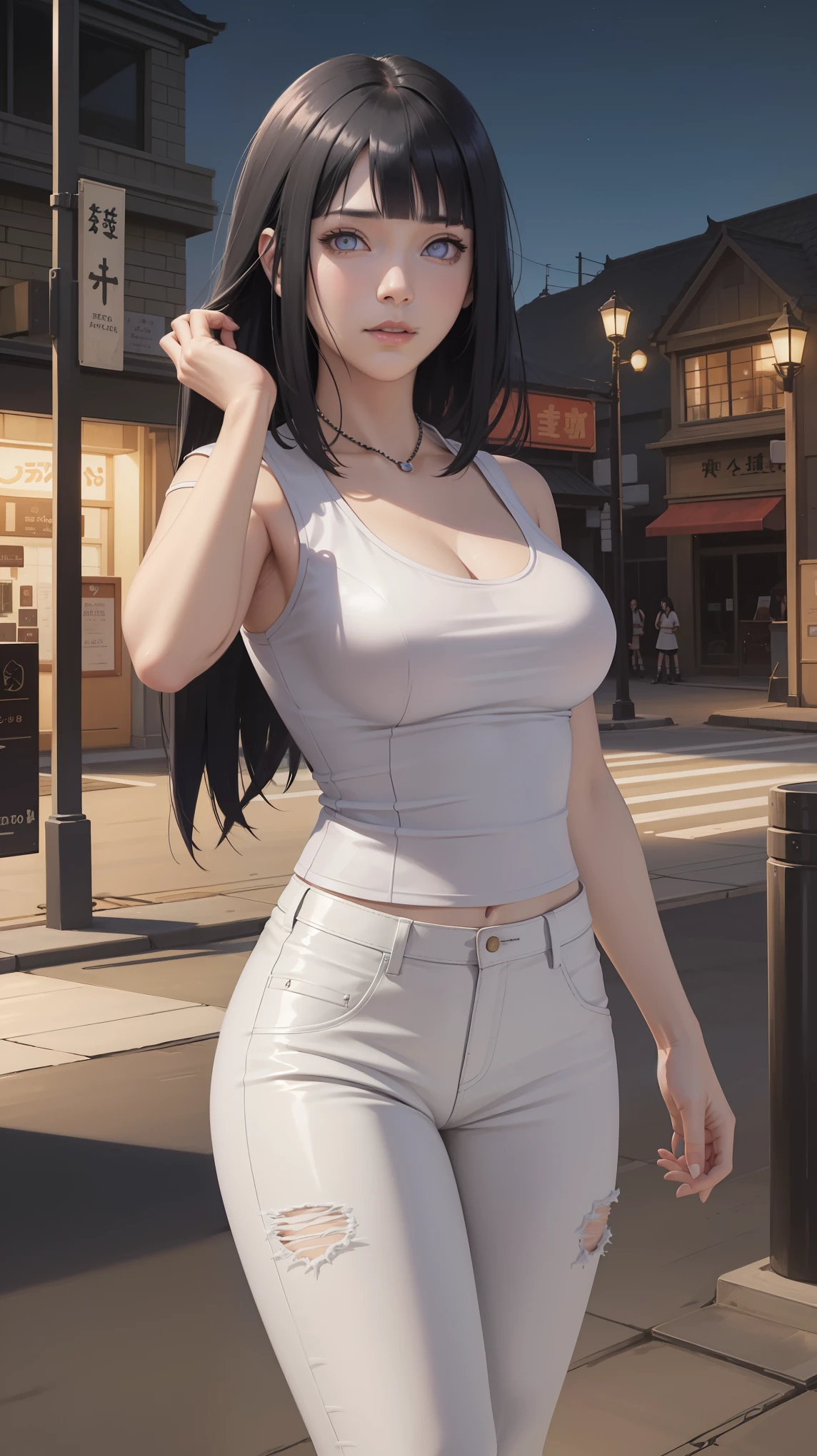 masterpiece, hinata\(boruto\), 1girl, solo, mature female, (((black dress))), tight skirt, ((modest outfit)), outdoors, looking at viewer, cloudy sky, perfect composition, detailed lips, big breast, beautiful face, body propotion, blush, (pink lips), ((long hair)), purple eyes, soft gaze, sad smile, super realistic, detailed, photoshoot, realistic face and body, realistic hair, realistic eyes, realistic nose, realistic lips, (((dark blue hair))), sleeveless dress
