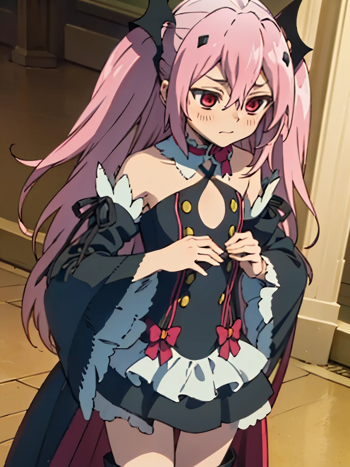 NSFW,Krul Tepes、Red eyes、Flat Chest、Long Hair、Pink Hair、Two Side Up、hair ornaments、boots、Black Dress、Bare shoulders、Wide sleeves、ribbon,(Perfect hands),(Perfect Anatomy),(masterpiece),(highest quality),Embarrassed,blush