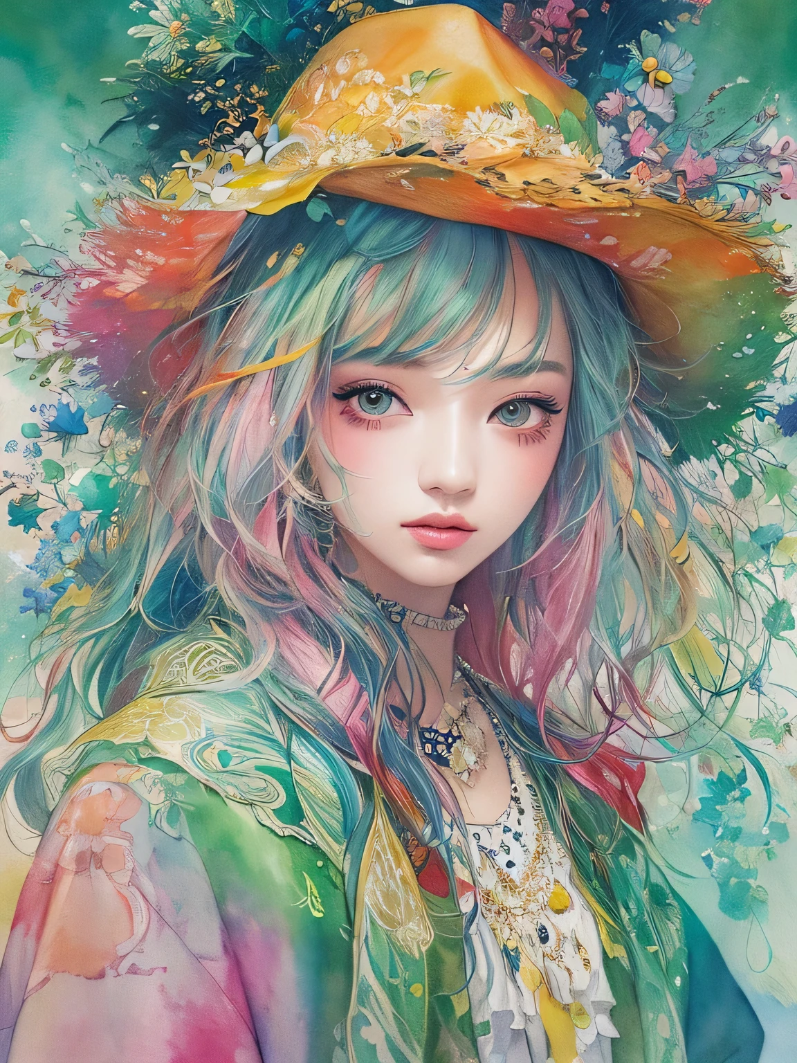 Masayo Style、(((stylish fashion))), 8K Quality、Intense watercolor, Detailed watercolor art, Watercolor splash, Surreal, avant-garde pop art, Beautiful and expressive paintings, Beautiful artwork illustration, Very colorful tones, wonderful, Cool beauty, highest quality、Official Art, Vector art, Stylish design, (((The most beautiful girl))), (((highest quality))), HDR, ((detailed)), (((Doodle Art)), ((masterpiece)), ((Super detailed)), (((Stylish))),