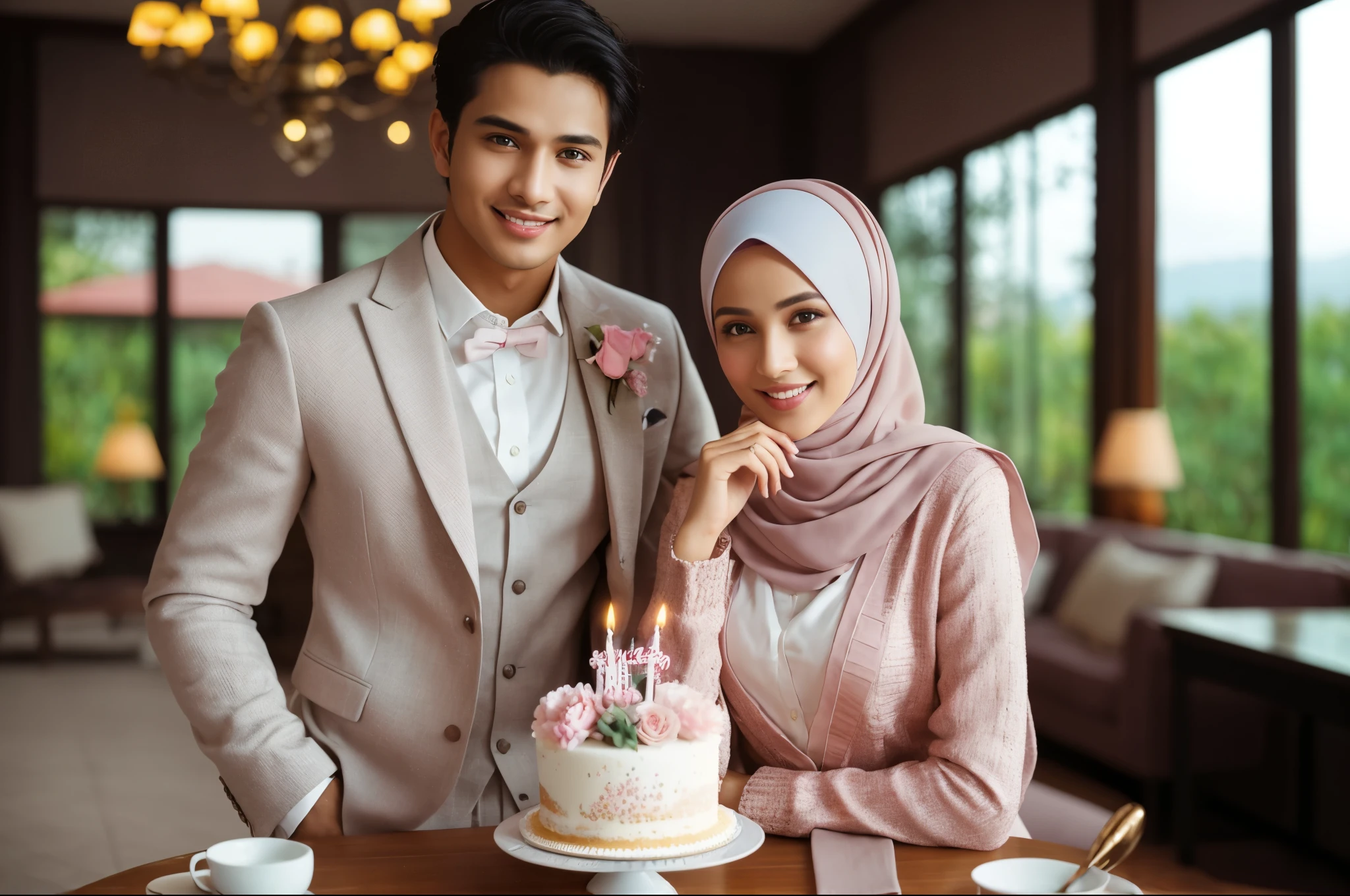 Professional photography, masterpiece, ultra realistic, romantic couple celebrating happy birthday for a woman, handsome confident Malay man with an attractive body and a slight smile, both wearing trendy casual pastel suits and long trousers, confident beautiful Malay woman in hijab with an attractive body, in front of them is a simple table with a modestly decorated cake with the number 31 and 'Happy Birthday', elegant, romantic, with a background in house with view mountain, dramatic lighting, happy situation, resembling Sony 7000D quality, adjust contrast and saturation