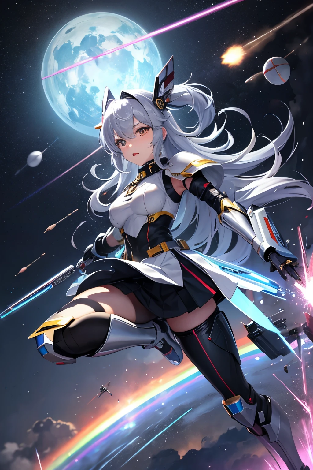 （（（highest quality、first-clasasterpiece、Normal body、8k、Detailed face、Ultra-precision、Normal hand、Normal finger、５Finger、）））Brightly colored hair、Rainbow silver hair、Rainbow Mechanical Angel、Large rainbow mechanical wings、Large booster、Large rainbow thruster、Visor Helmet、Super alloy armor、Metal Armor Skirt、Thought-guided remote-controlled weapon、Funnel、Bit Weapon、Full Armor、Beam rifle、Rainbow Beam、Running through space、Full boost、Beam Sword、Fighting space monsters、Variable Beam Launcher、multi missile、Mega Beam Cannon、In combat、Dogfight、High Maneuver、Space War、fleet battle、Destroy enemy ships、High mega particle cannon firing、ultimate weapon、Multi-warhead missiles、Full burst、All-at-once sweep、Breaking the Limits、critical point breakthrough、Charged particle cannon、Meteors、Buster Rifle、Buster Beam、Last Shooting、Charged particle cannon、Spree