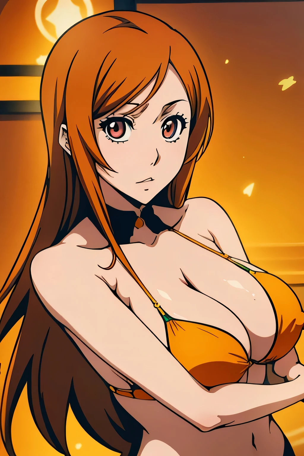 1 woman, orihime inoue, long light brown hair, big breasts, orange eyes, ((detailed eyes:1.2)), wearing micro bikini, sexy, sensual, sideboob, masterpiece, top quality, best quality, official art, beautiful and aesthetic:1.2), extreme detailed, colorful, highest detailed