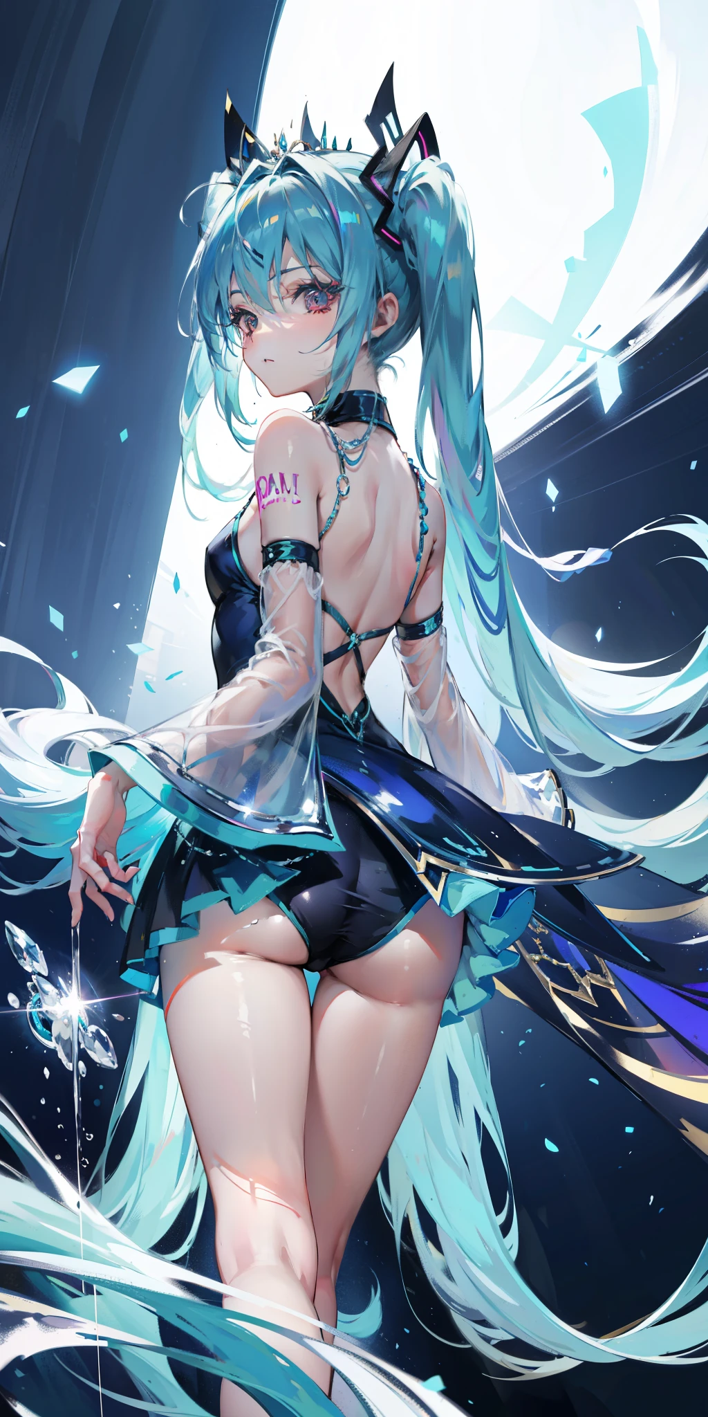 blue theme, Hatsune Miku portrait，masterpiece, magic , (Impossible Dress:1.5), mini skirt, Gradient background, Silver-blue hair, , Bangs,Side Chain, pink eyes, (ulzang-6500-v1.1:0.9), 中等Chest, Chest, Thigh gap, Hair accessories, arching back, Black_witch_have,complicated_decorate,mystery_fountain,luminescent_crystal