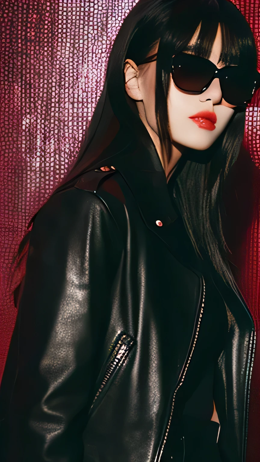Female, well-styled, foxy pitch black sunglasses, dark hair, leather jacket, long straight hair, bright red lips, dark background, walking with cool face
