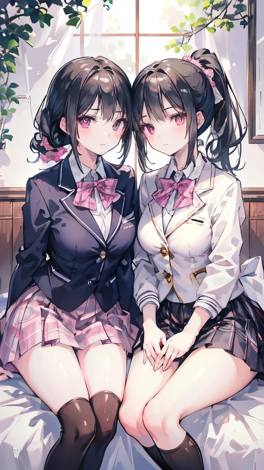 ((best quality)), ((masterpiece)), (detailed), perfect face, beautiful face, best quality, ultra high resnatural light, shiny skin, detailed skin, detailed face, detailed eyes, (2 girls), ((Two girls looking at each other)), a girl with black straight hair and a girl with a pink ponytail, Japanese high school girl, high , blazer and plaid skirt