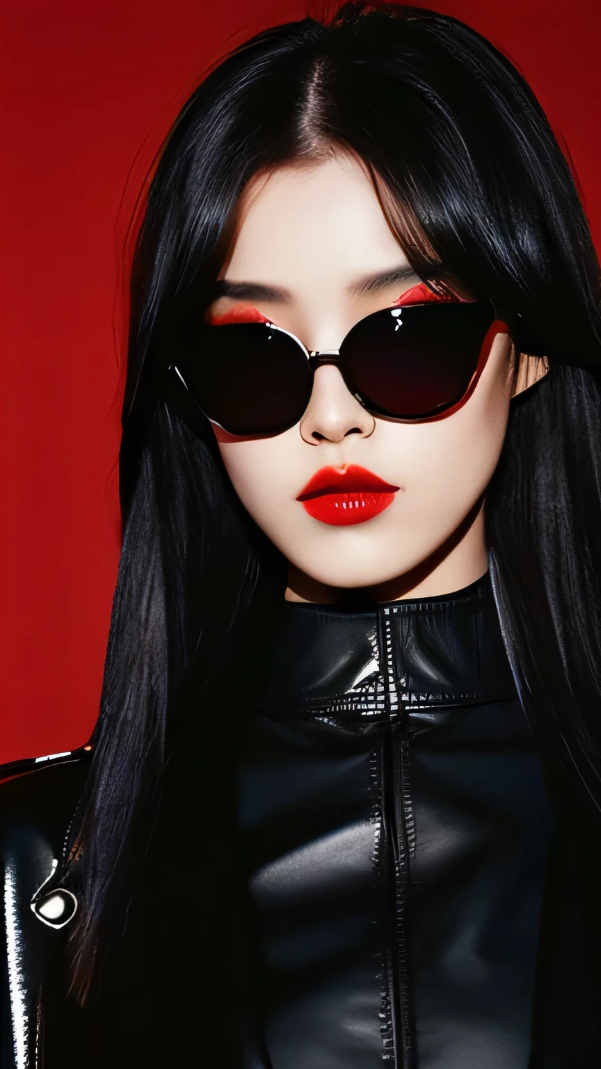 Female, well-styled, foxy pitch black sunglasses, dark hair, leather jacket, long straight hair, bright red lips, dark background, walking with cool face