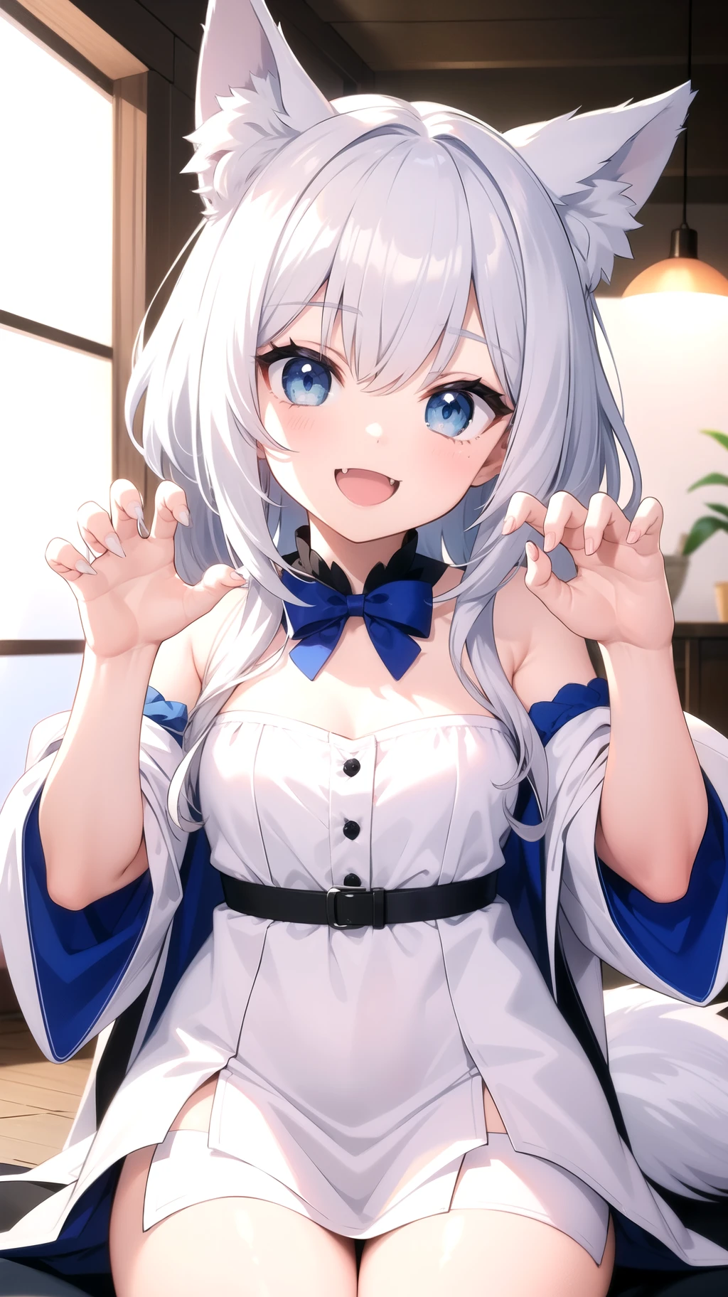 masterpiece, best quality, 1girl, wolf ears, silver hair, blue eyes, cute fang, happy, claw pose, looking at viewer
